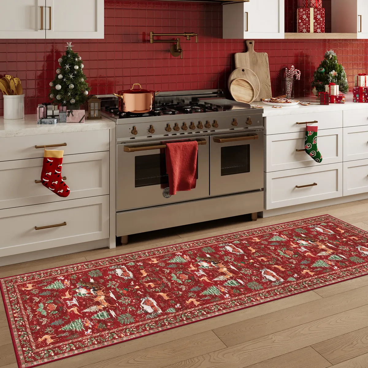 Olivier Christmas Washable Tree and Santa Red Rug Area Rugs Lahome 2' x 8'