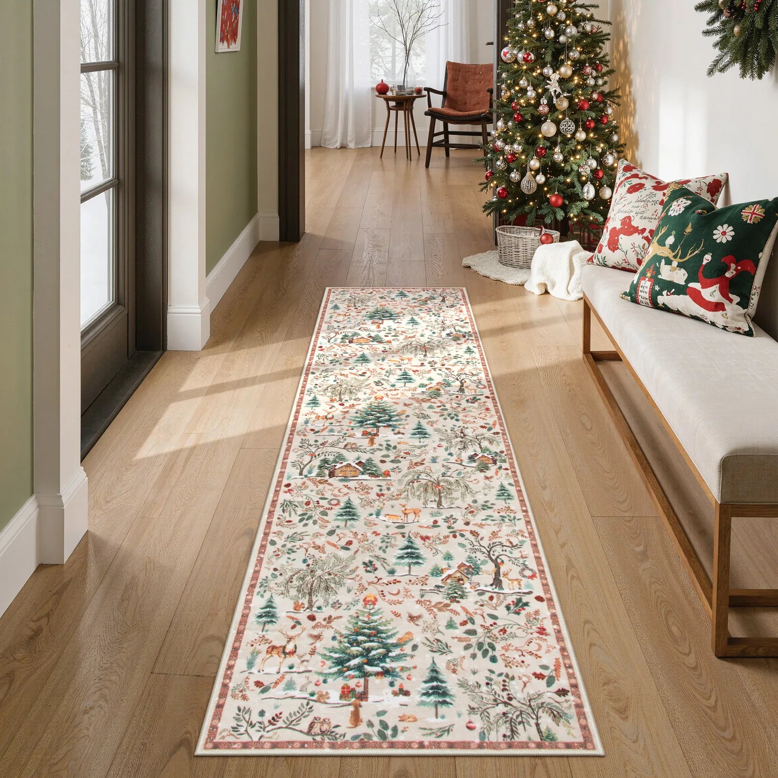 Jocelyn Christmas Washable Winter Woodland Cabin Beige Rug Area Rugs Lahome 2' x 8'