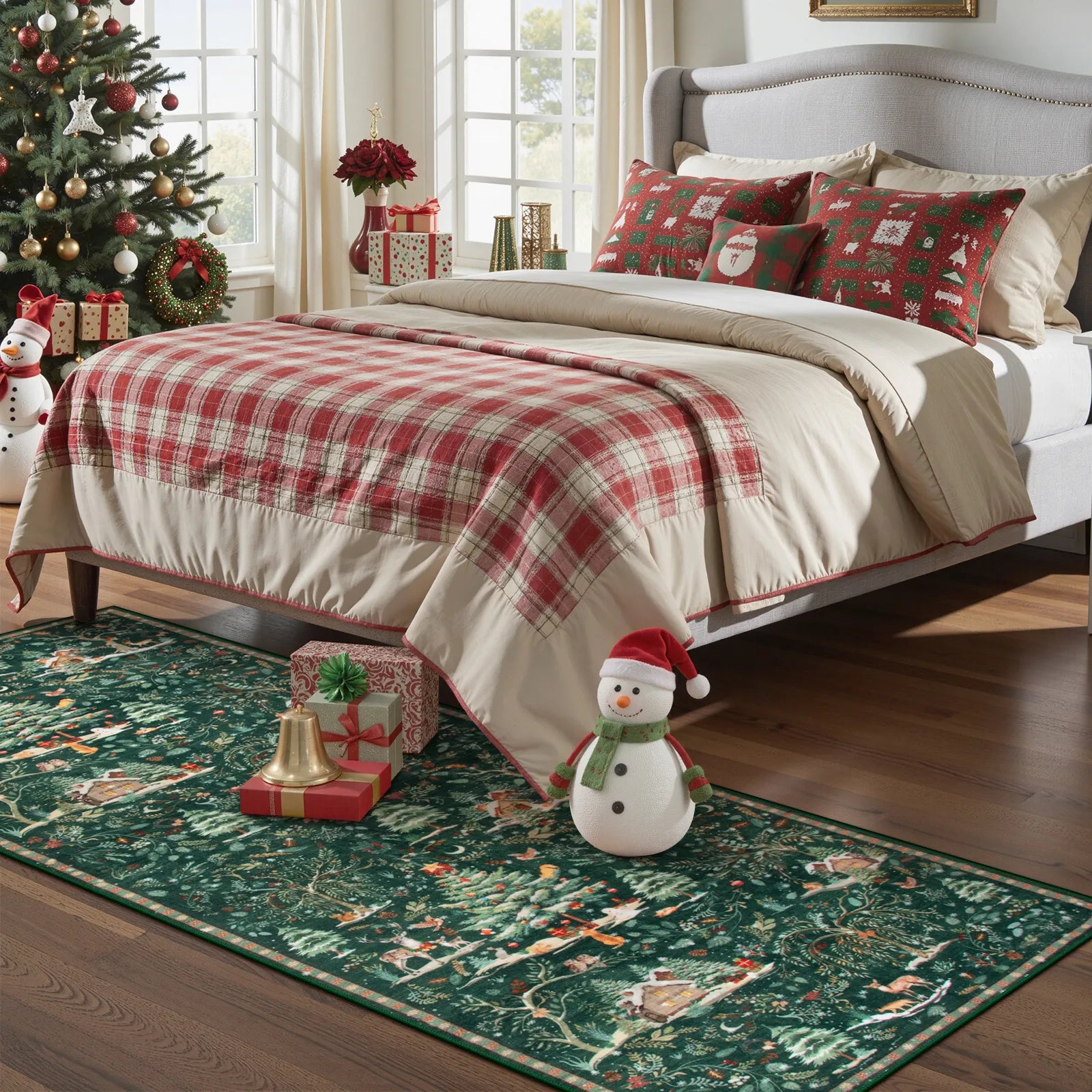 Jocelyn Christmas Washable Winter Woodland Cabin Green Rug Area Rugs Lahome
