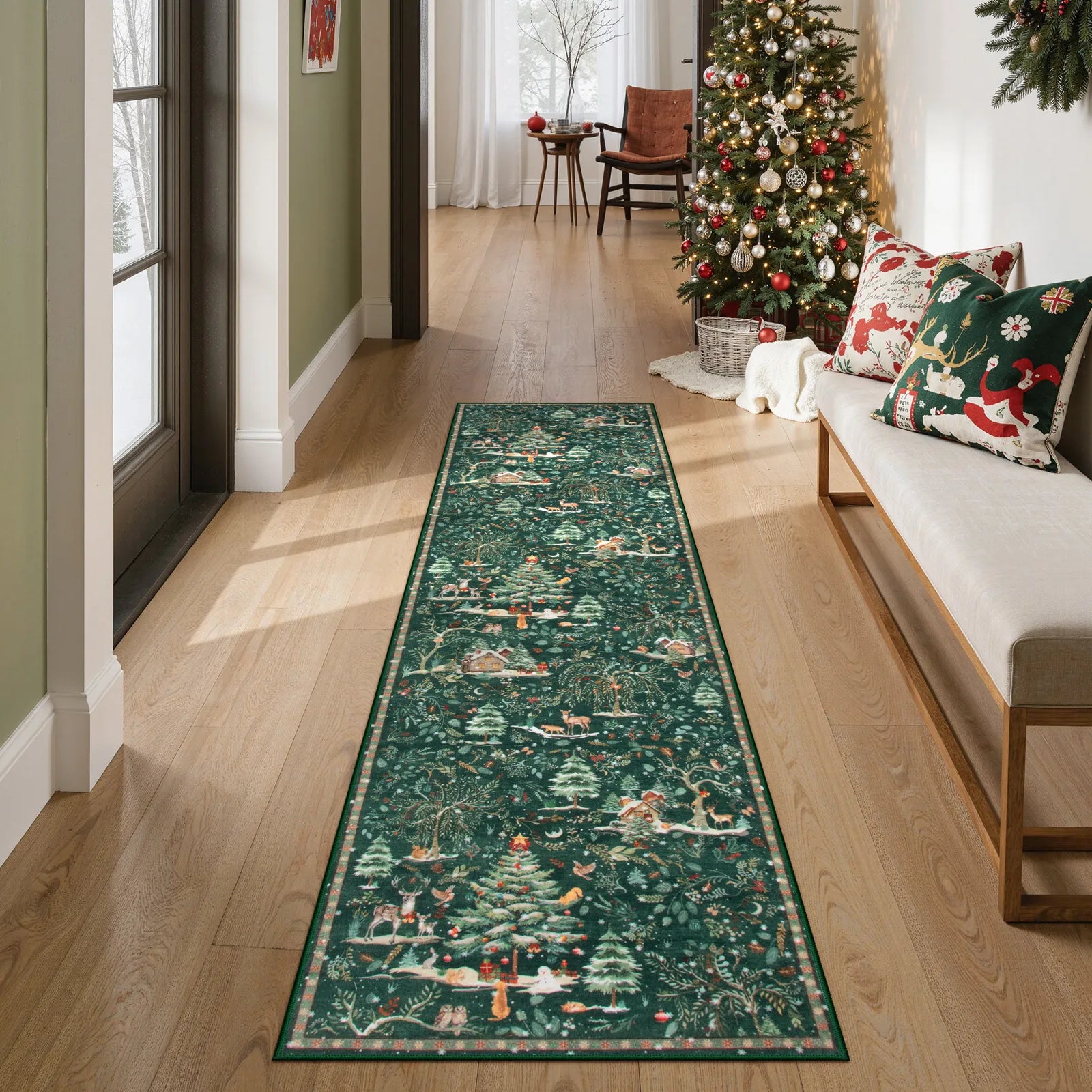 Jocelyn Christmas Washable Winter Woodland Cabin Green Rug Area Rugs Lahome 2' x 8'