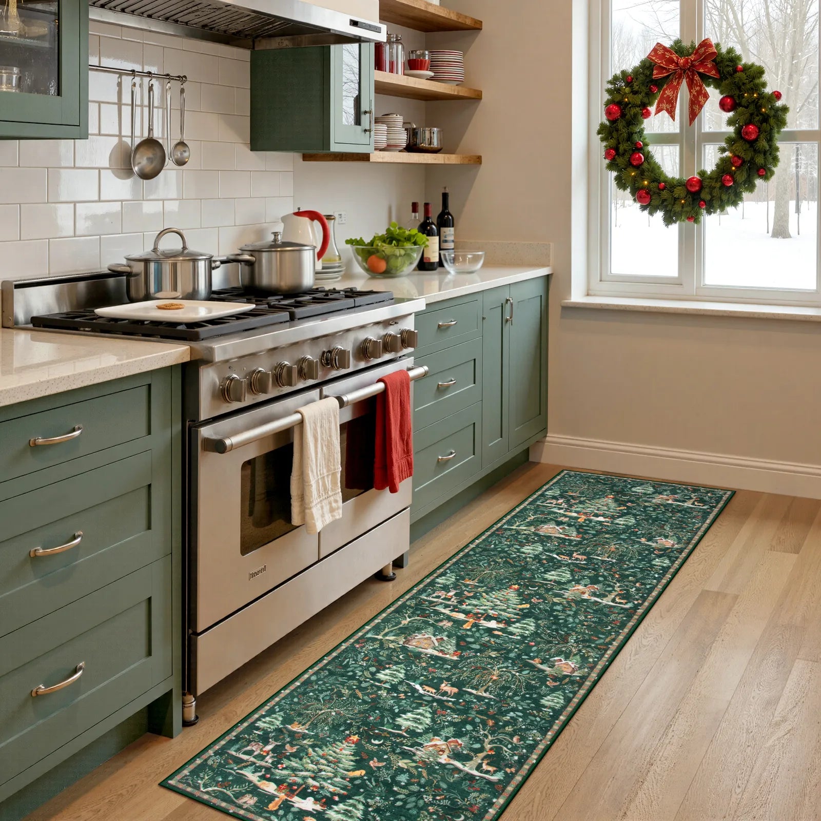 Jocelyn Christmas Washable Winter Woodland Cabin Green Rug Area Rugs Lahome