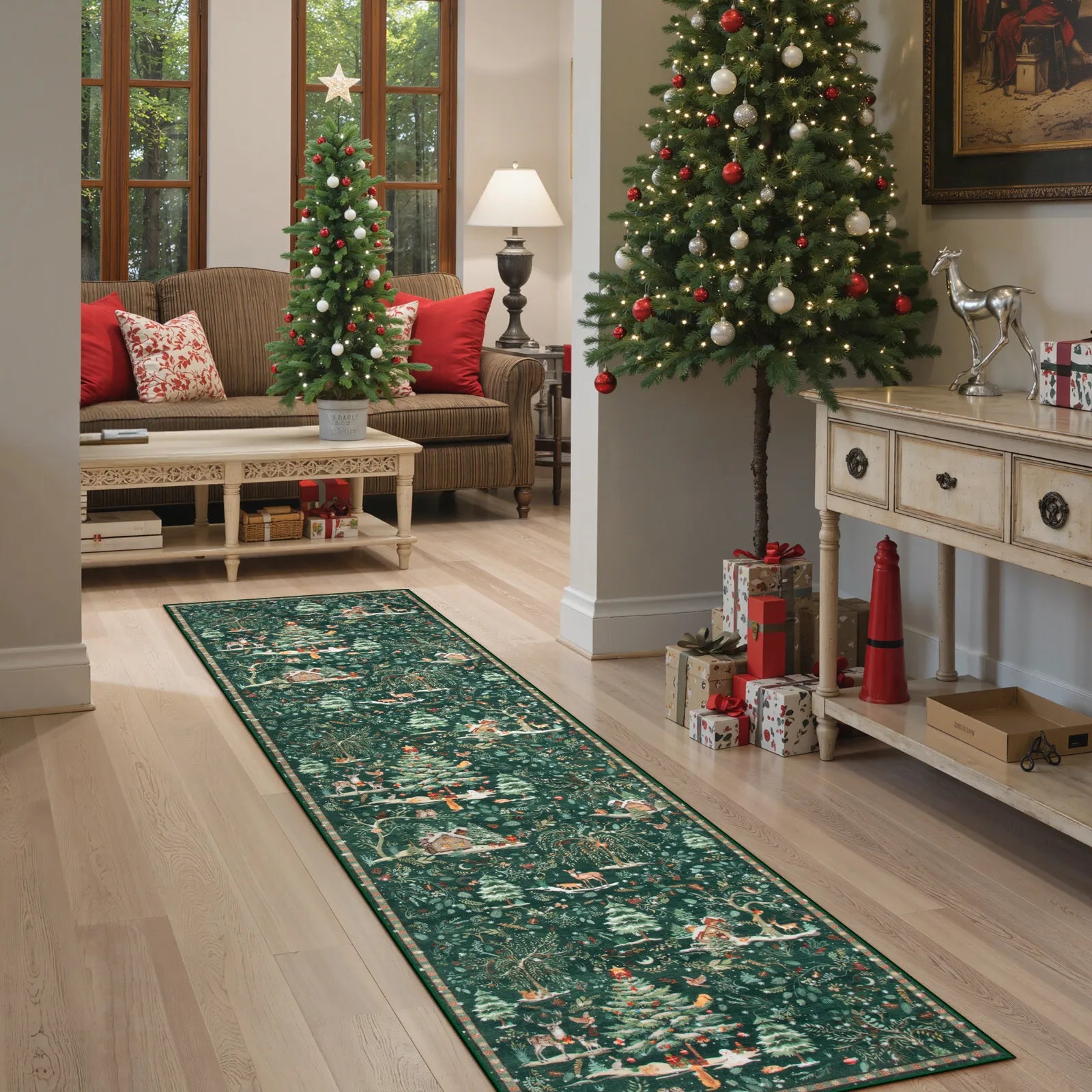 Jocelyn Christmas Washable Winter Woodland Cabin Green Rug Area Rugs Lahome