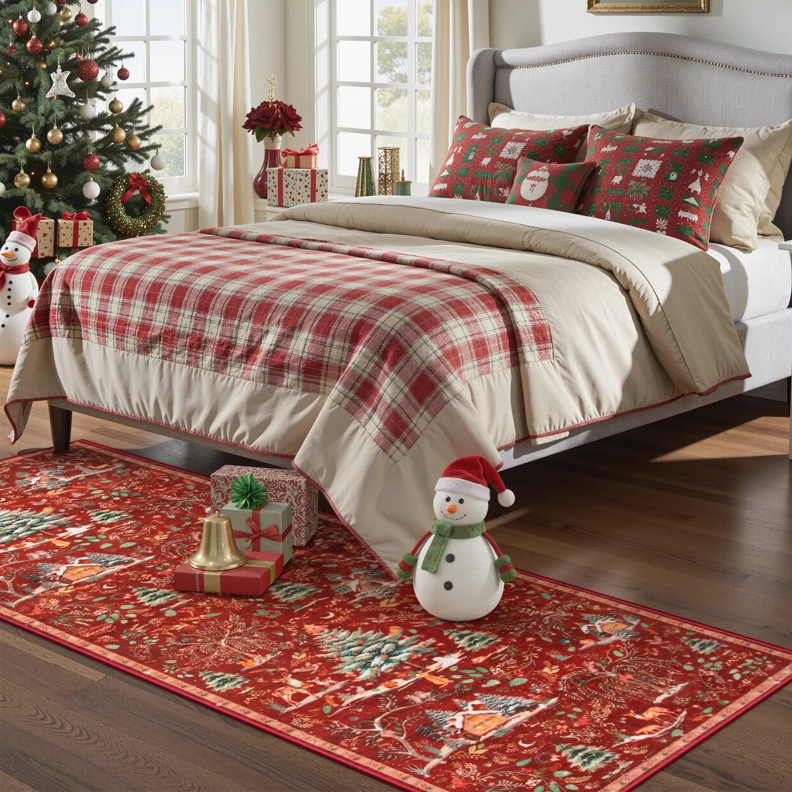 Jocelyn Christmas Washable Winter Woodland Cabin Red Rug Area Rugs Lahome