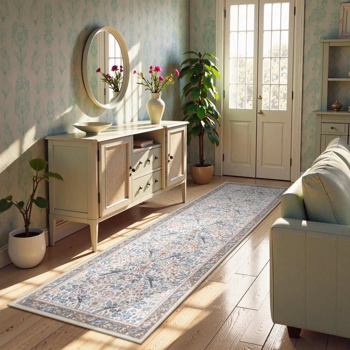 Marcel Washable Vintage Floral Bird Beige Green Rug Rugs Lahome