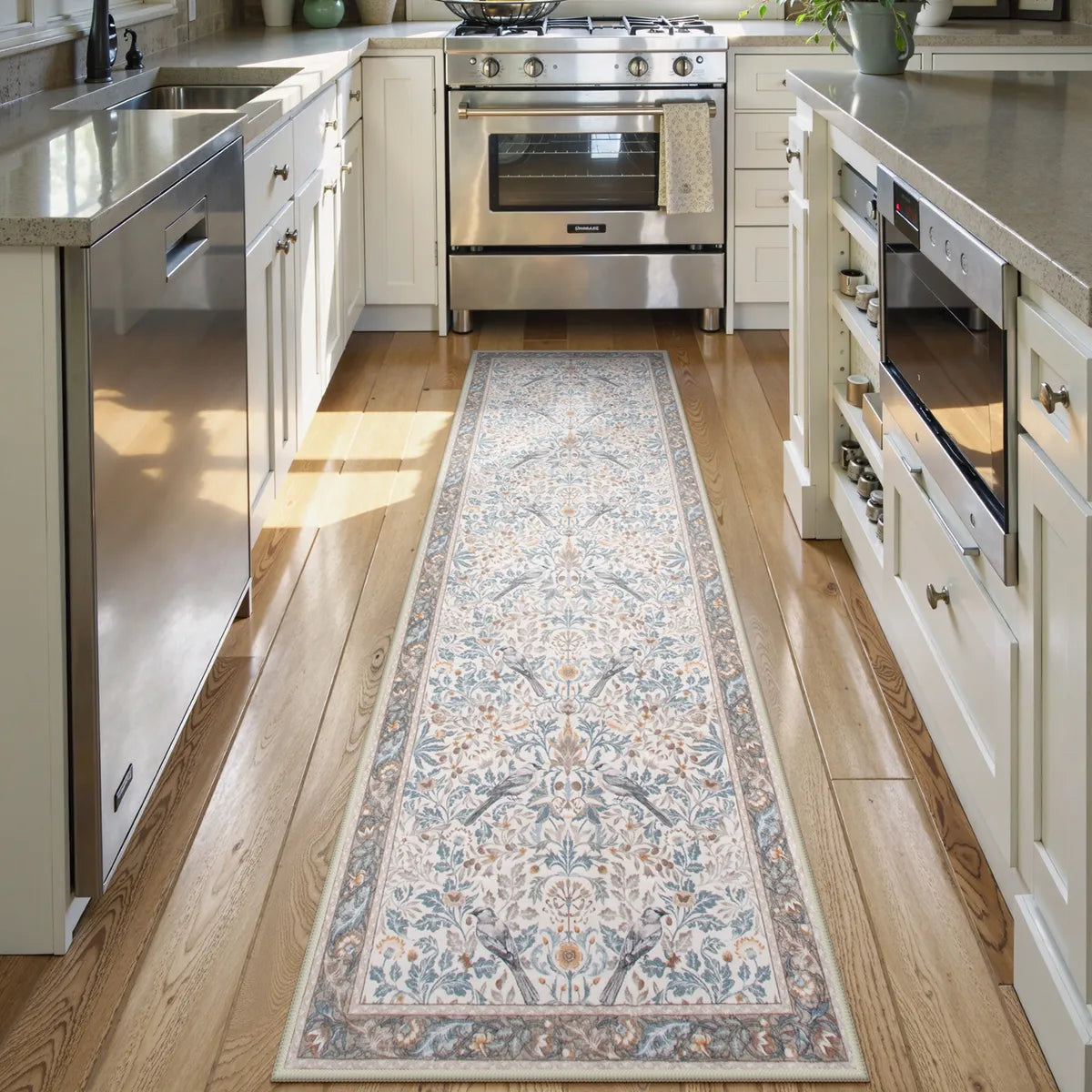 Marcel Washable Vintage Floral Bird Beige Green Rug Rugs Lahome 2.5' x 8'