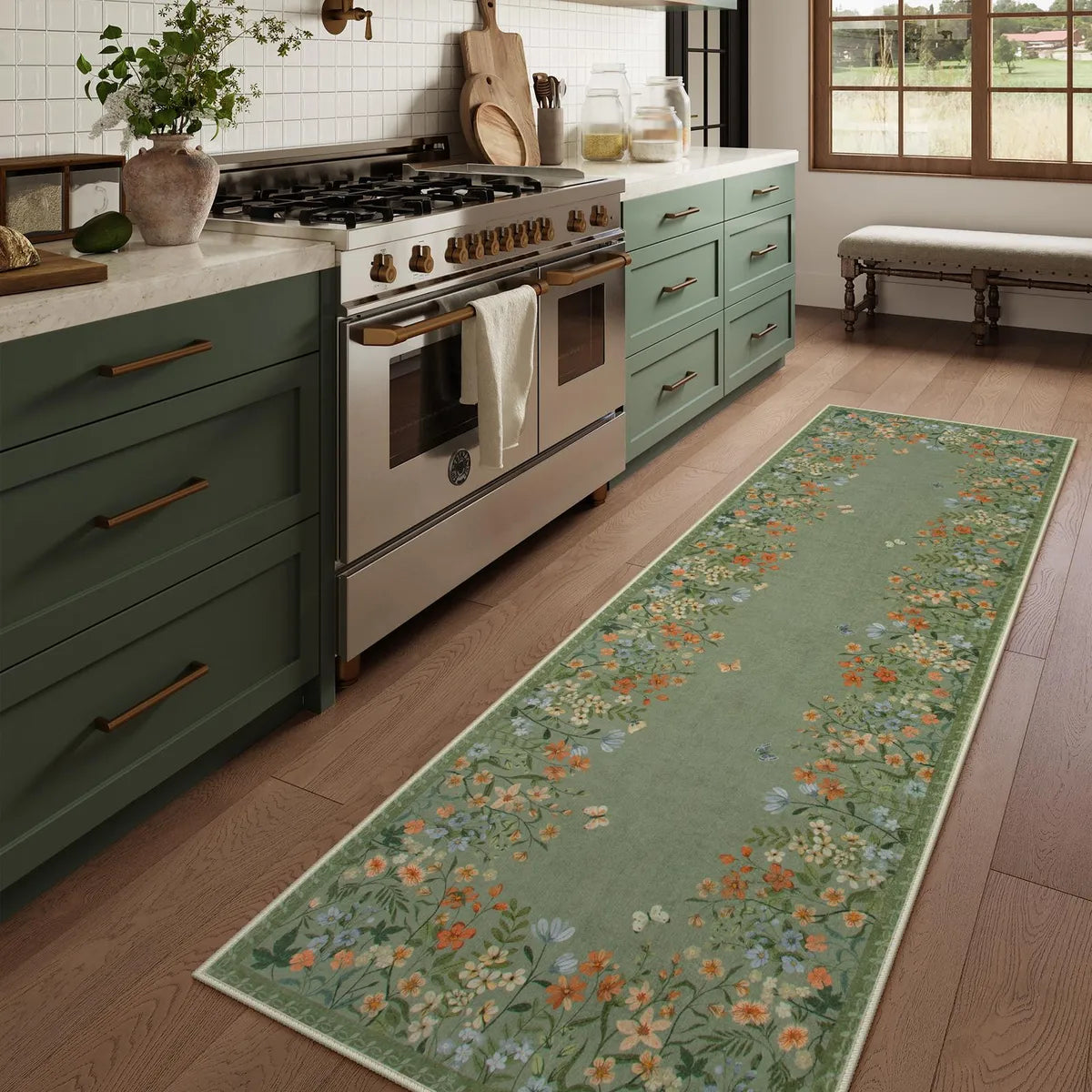 Solene Washable Modern Blooming Floral Garden Green Rug Area Rugs Lahome