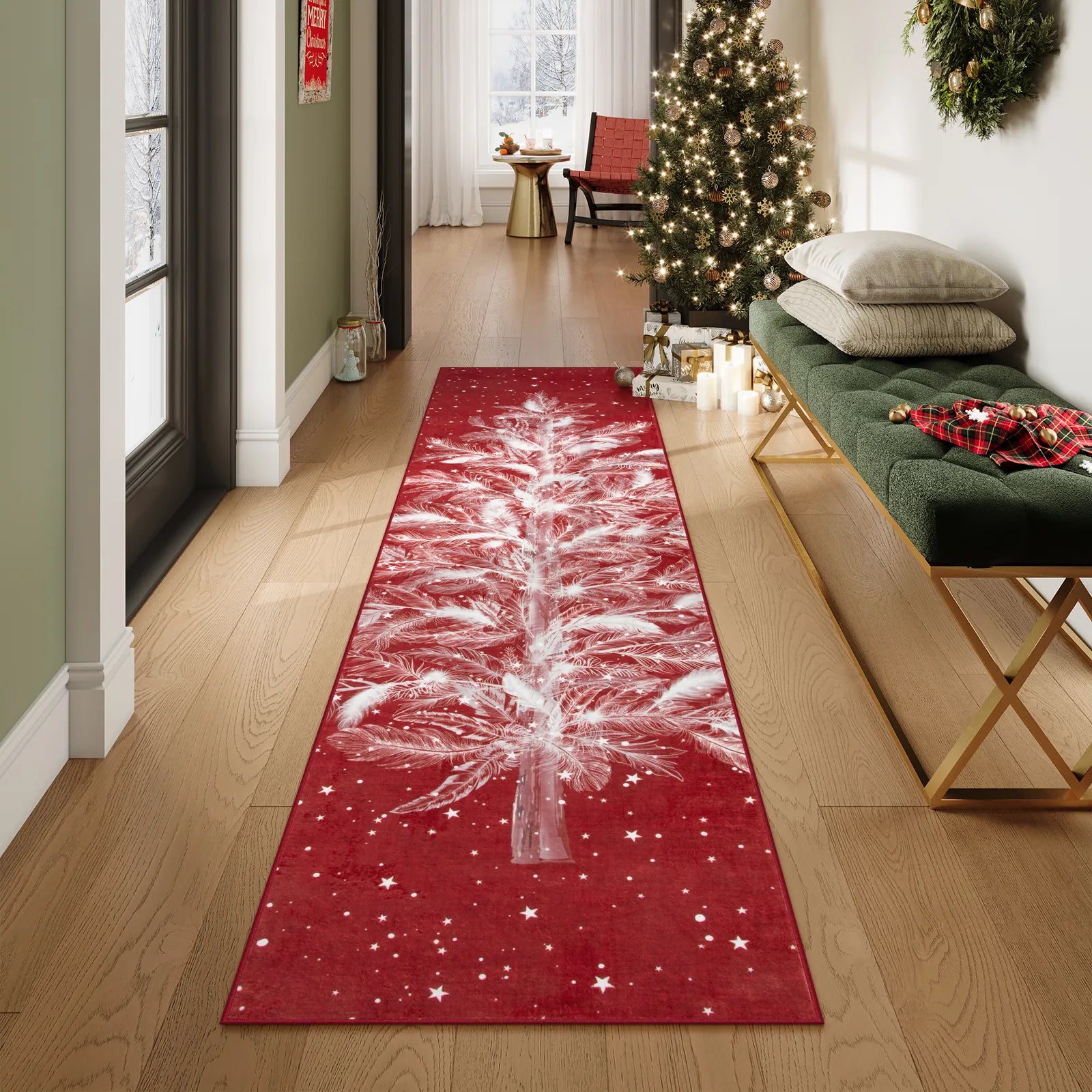 Velours Christmas Washable Tree and Snowflake Red Rug Area Rugs Lahome 2' x 8'