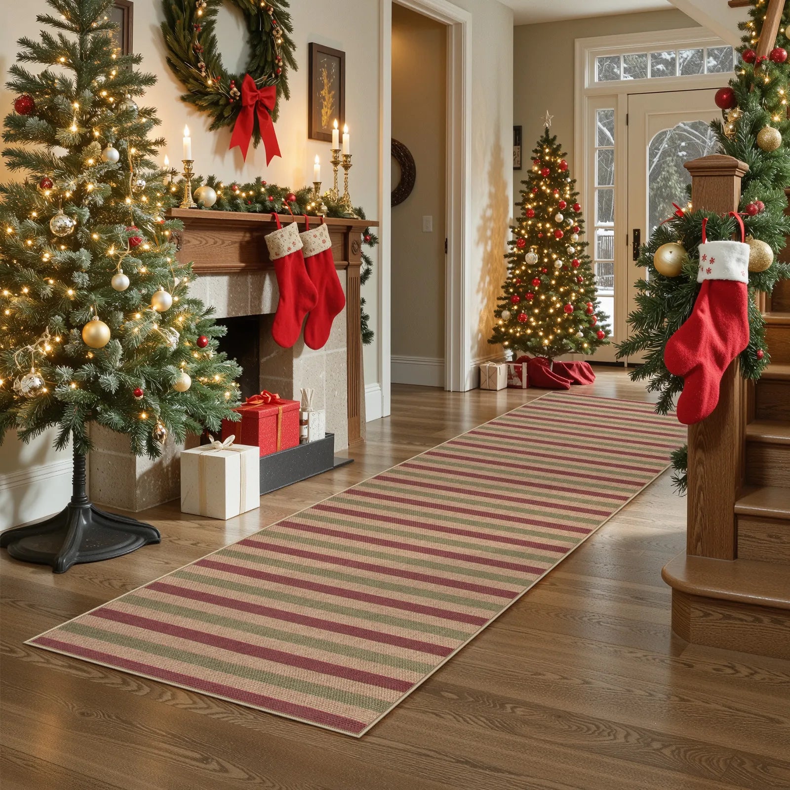 Elance Christmas Washable Easy Jute Slim Striped Red&Green Rug Easy Jute Rug Lahome