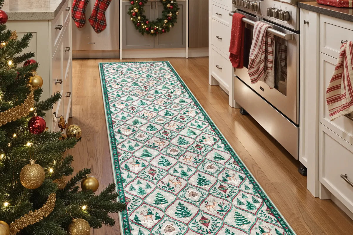 Glace Christmas Washable Tree and Reindeer Green/Beige Rug Area Rugs Lahome 2' x 8'