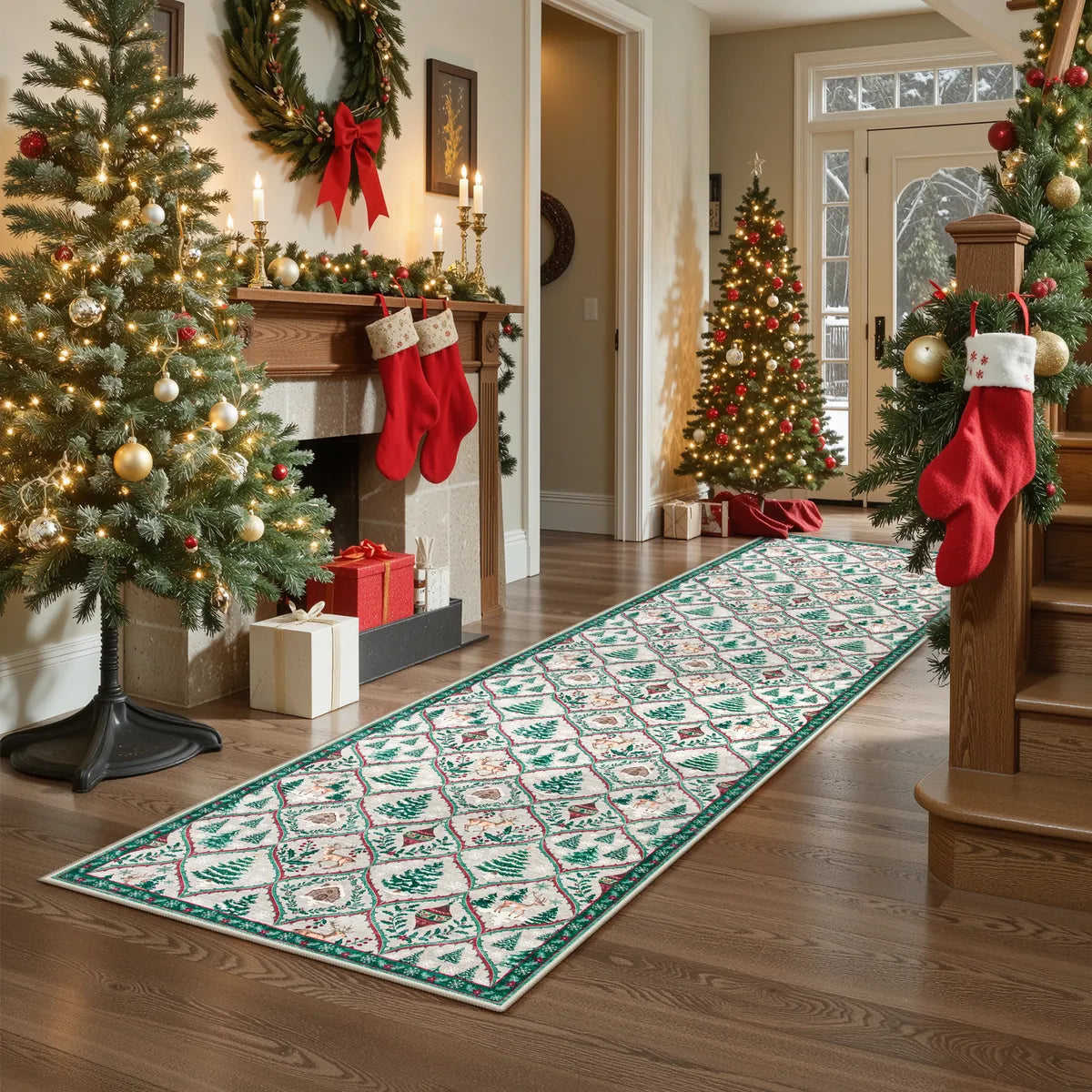 Glace Christmas Washable Tree and Reindeer Green/Beige Rug Area Rugs Lahome
