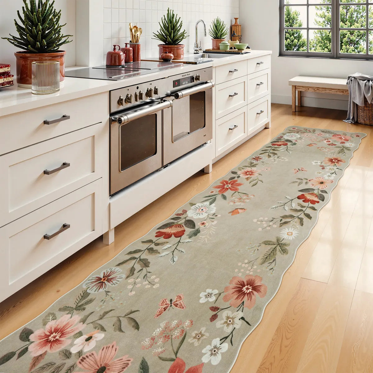 Flore Washable Boho Modern Parisian Floral Scalloped Brown Rug Area Rugs Lahome 2.5' x 8'