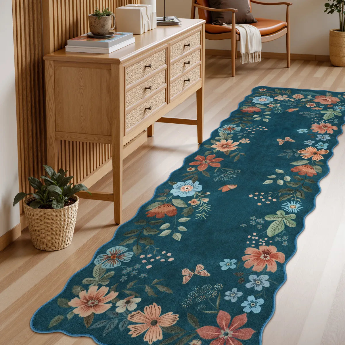 Flore Washable Boho Modern Parisian Floral Scalloped Navy Blue Rug Area Rugs Lahome