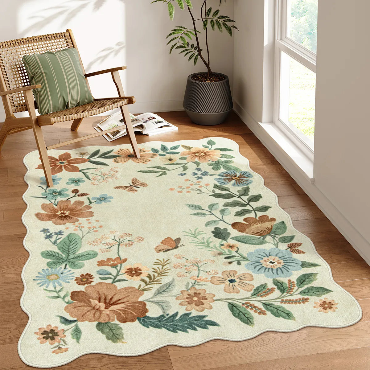 Flore Washable Boho Modern Parisian Floral Scalloped Beige Rug Clearance Rugs Lahome
