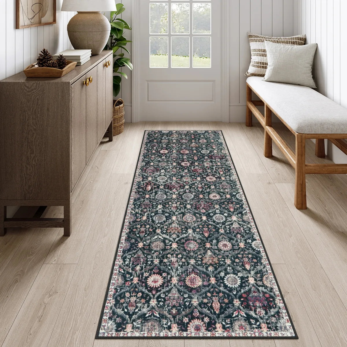 Elise Washable Vintage Floral Moroccan Trellis Black Runner Rug Clearance Rugs Lahome