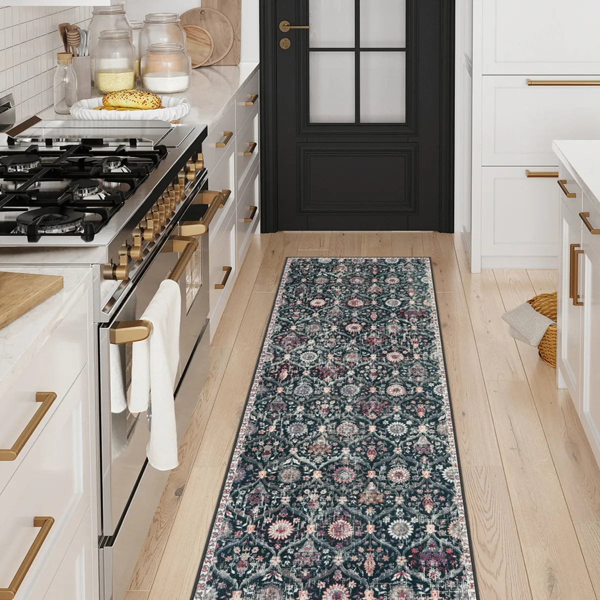 Elise Ultra-thin Transitional Vintage Floral Moroccan Trellis Black Rug