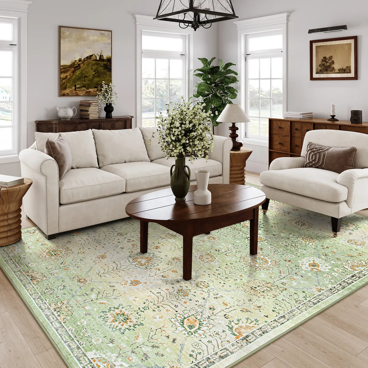 Flavie Washable Boho Modern Parisian Floral Aesthetic Green Rug Area Rugs Lahome
