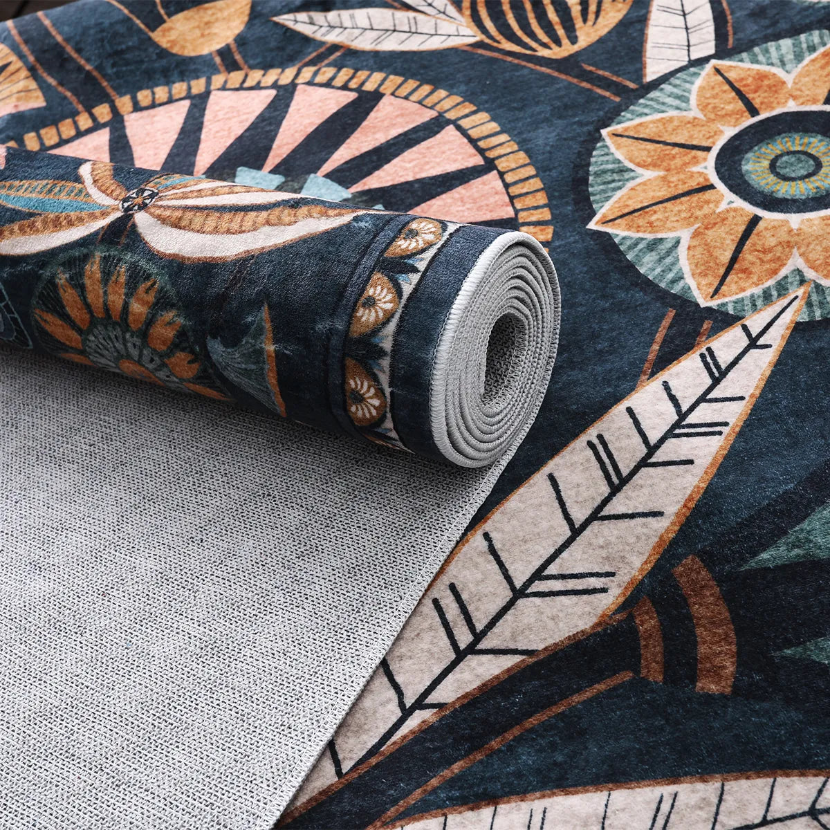 Zaya Washable Egyptian-Inspired Botanical Navy Blue Rug Rugs Lahome