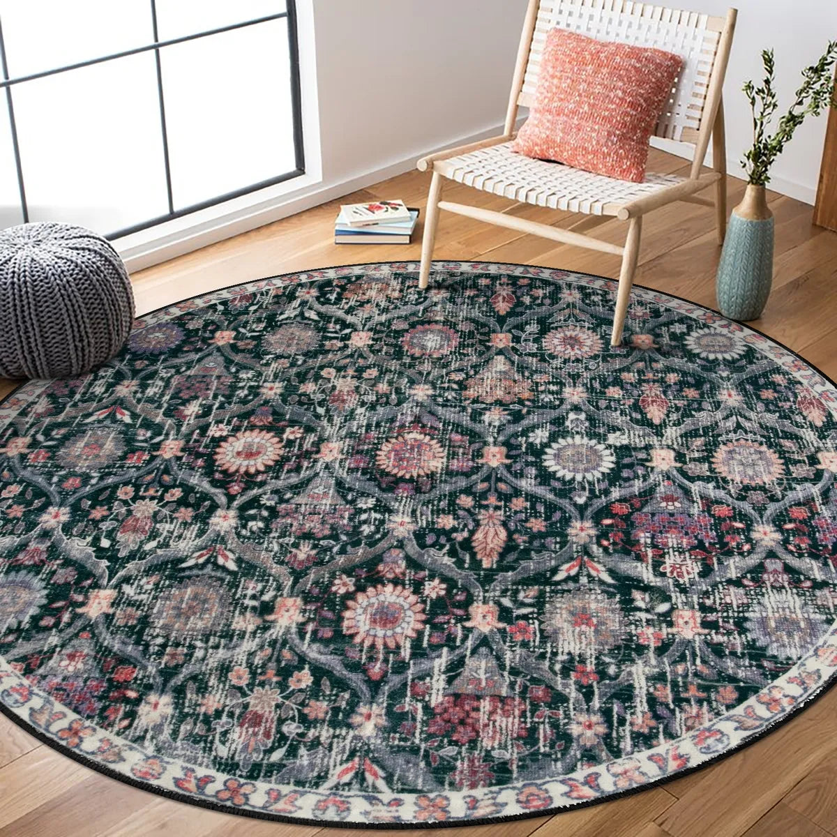 Elise Ultra-thin Transitional Vintage Floral Moroccan Trellis Black Rug