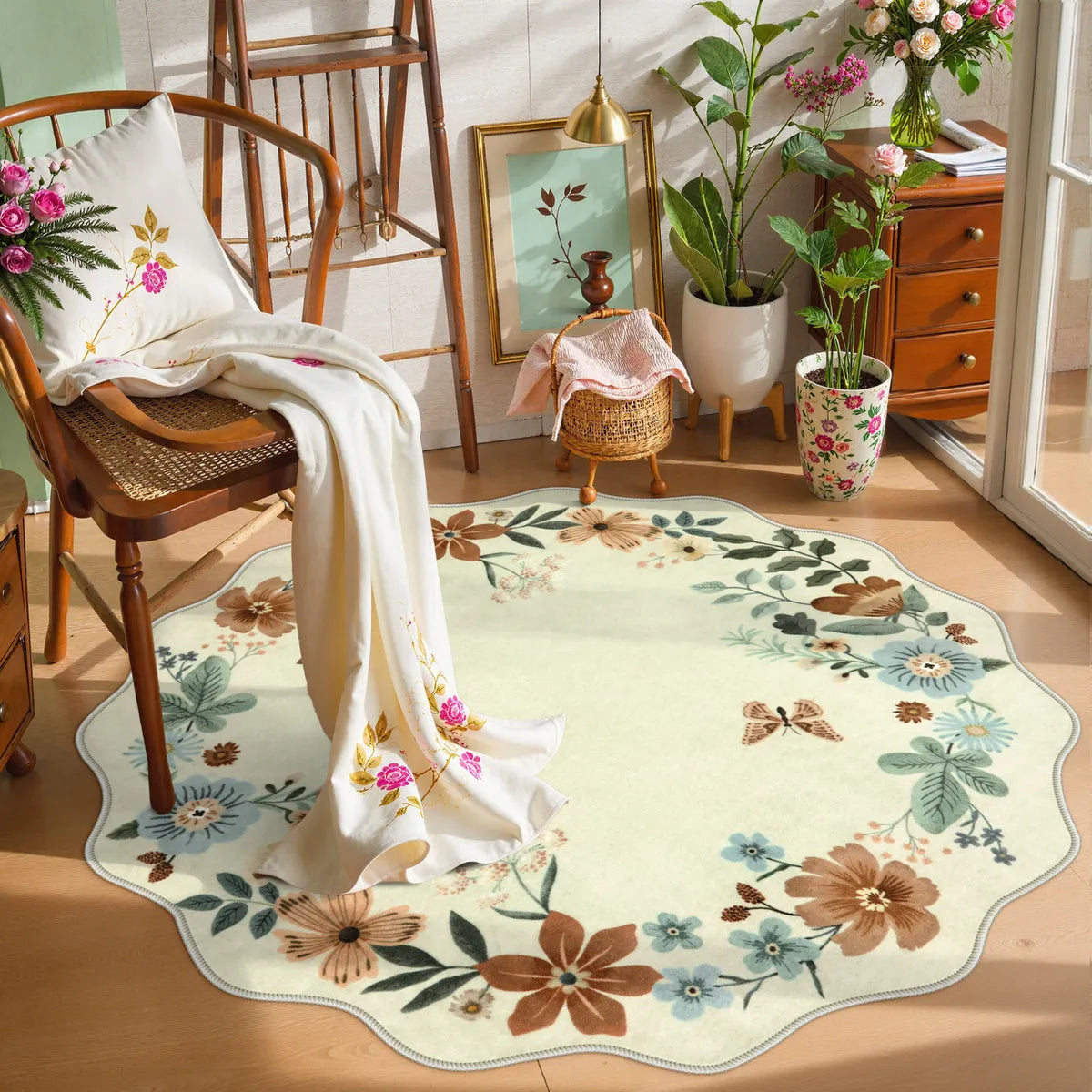 Flore Washable Boho Modern Parisian Floral Scalloped Beige Rug Area Rugs Lahome