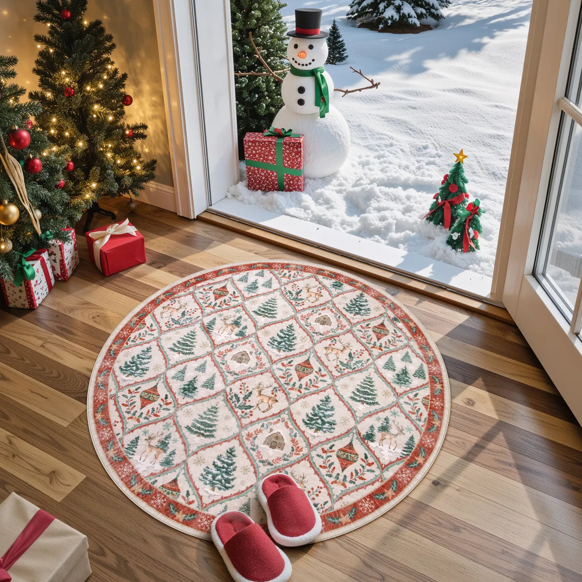 Glace Christmas Washable Tree and Reindeer Pink/Beige Rug Area Rugs Lahome
