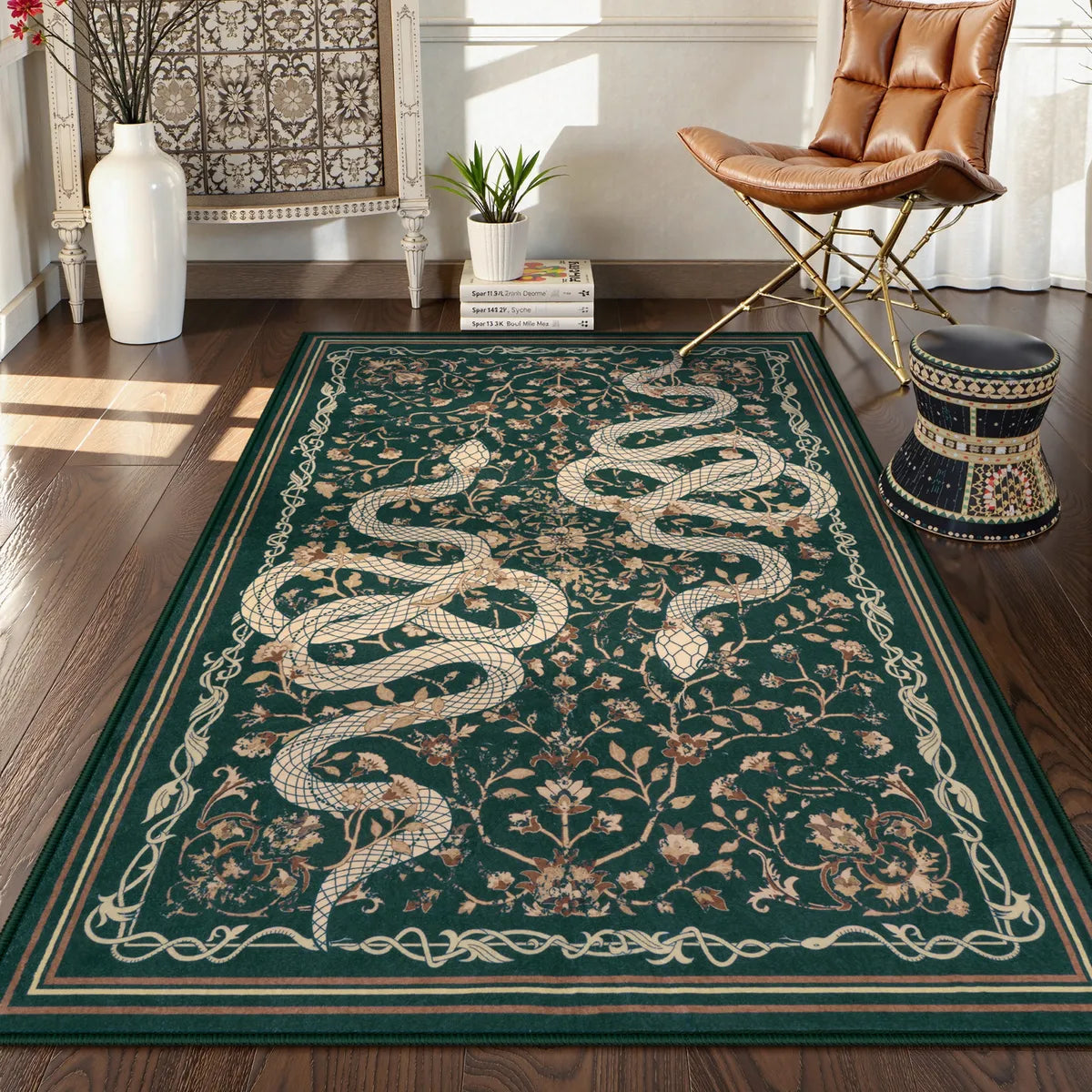 Serpente Washable Mystical Snake Green Rug Area Rugs Lahome 3' x 5'
