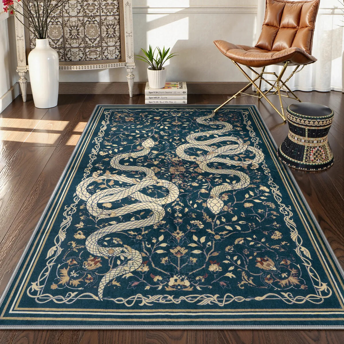 Serpente Washable Mystical Snake Blue Rug Area Rugs Lahome 3' x 5'