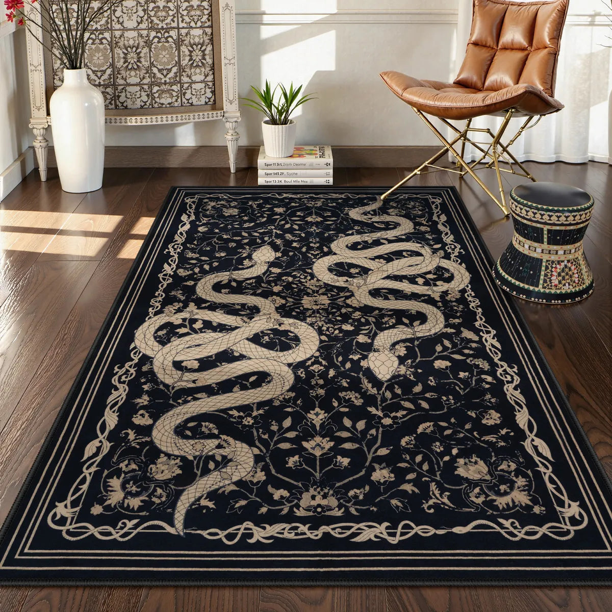 Serpente Washable Mystical Snake Black Rug Area Rugs Lahome 3' x 5'