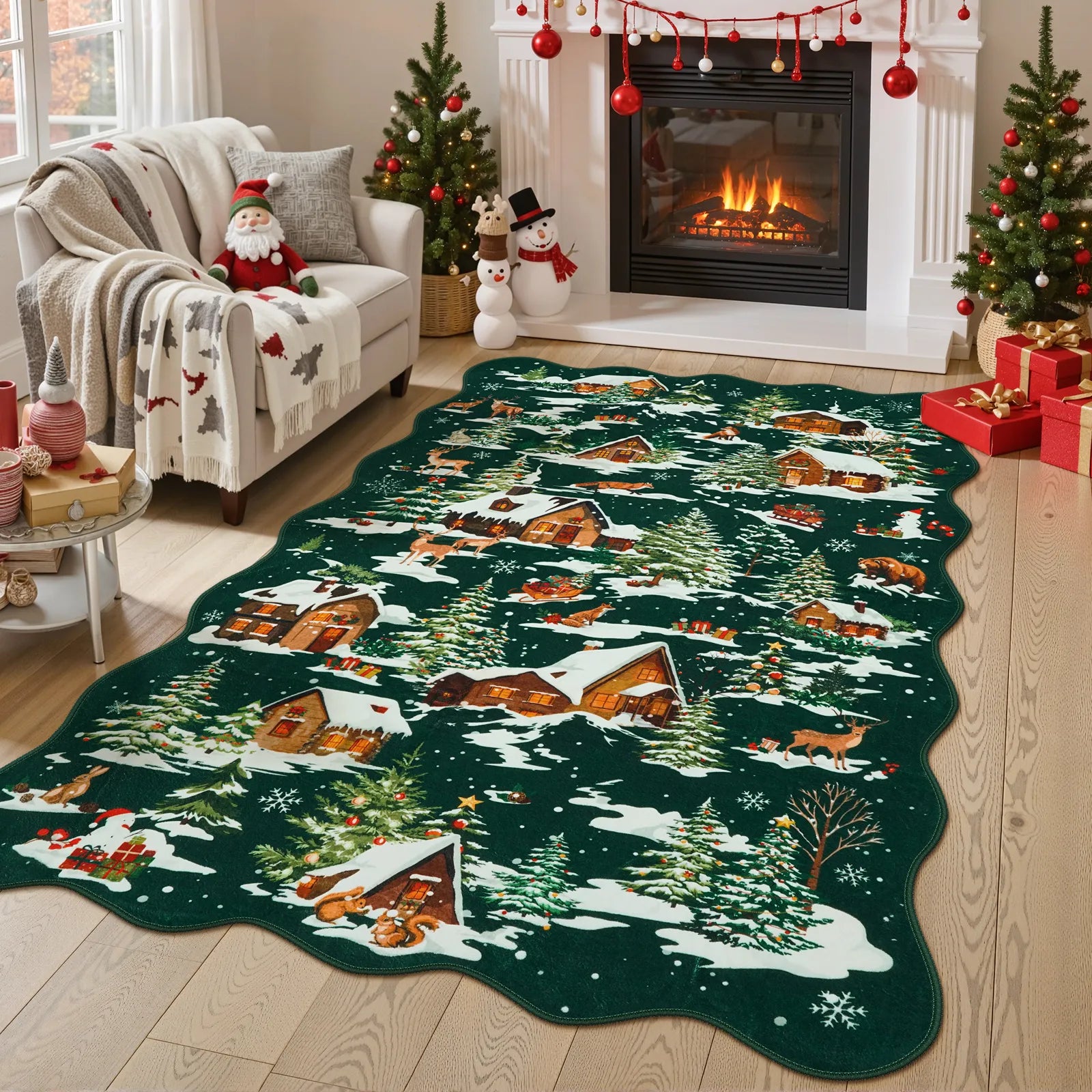 Gabriel Christmas Washable Cottage Lights Forest Animals Green Rug Area Rugs Lahome 3' x 5'
