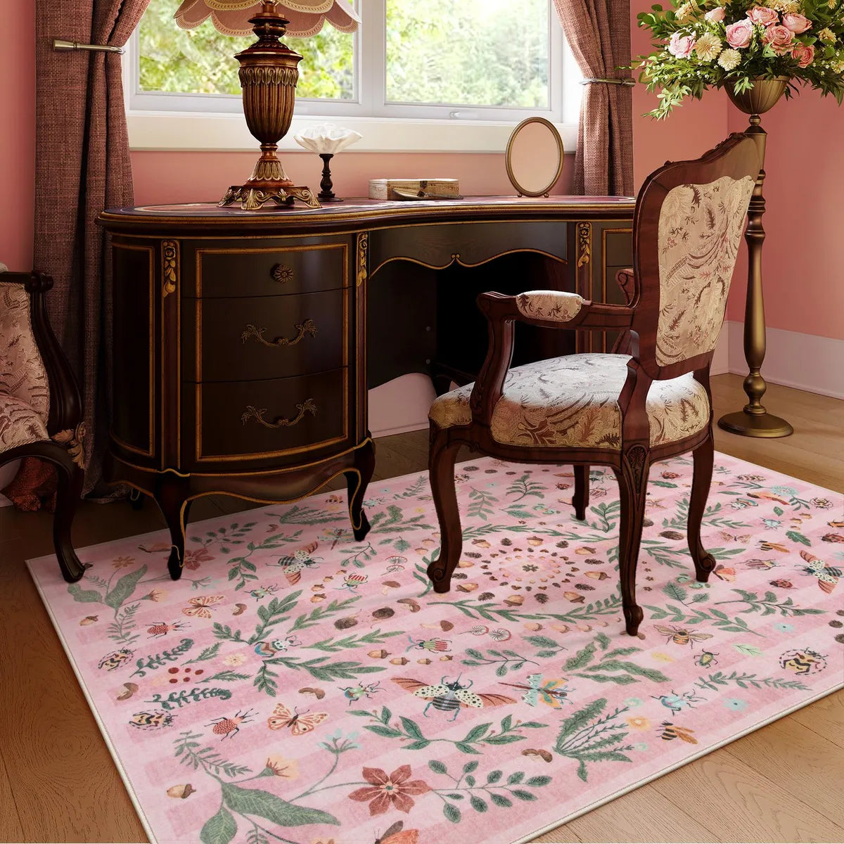 Chloe Washable Boho Insect Botanical Floral Pink Runner Rug Area Rugs Lahome