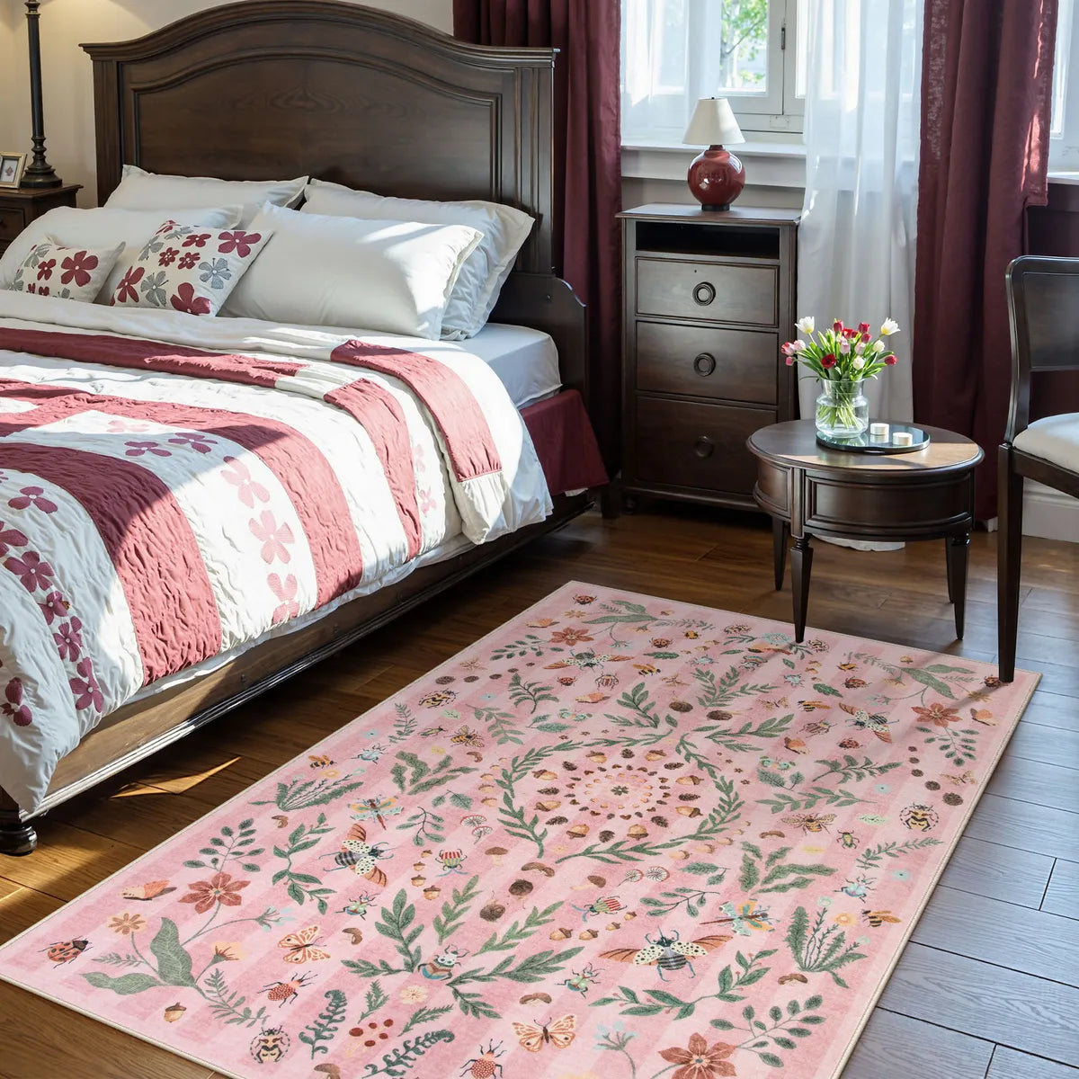 Chloe Washable Boho Insect Botanical Floral Pink Runner Rug Area Rugs Lahome