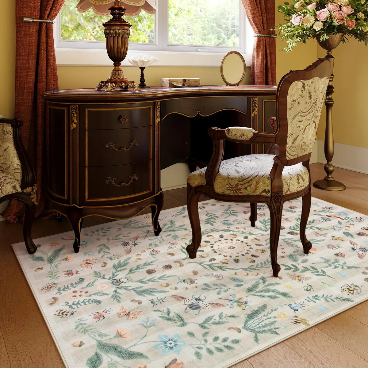 Chloe Washable Boho Insect Botanical Floral Beige Runner Rug Area Rugs Lahome