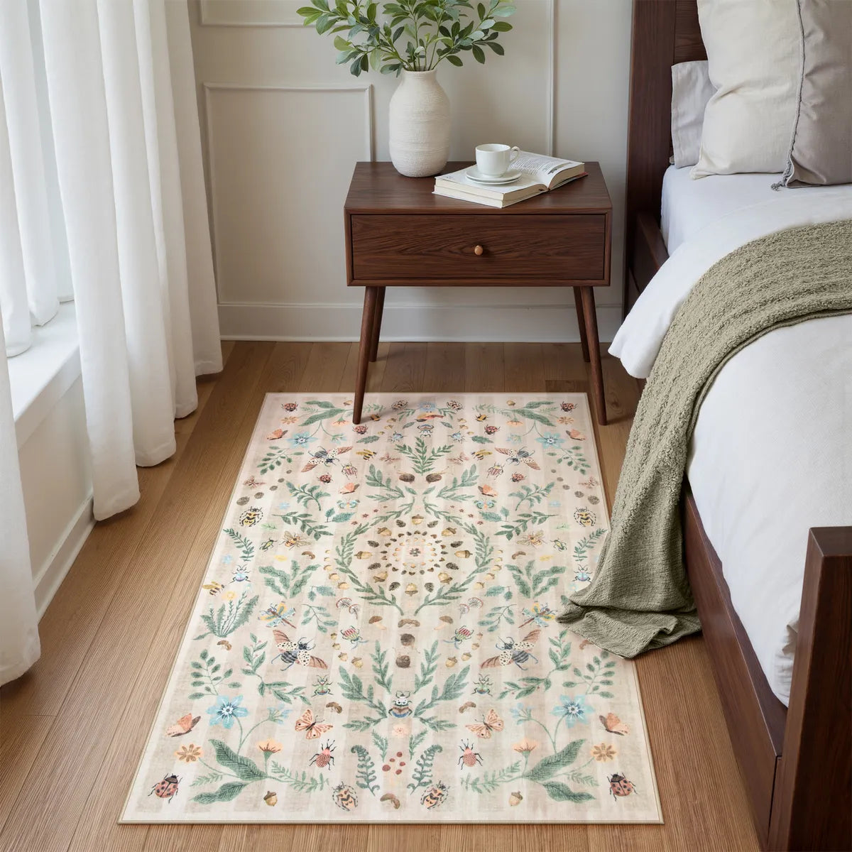 Chloe Washable Boho Insect Botanical Floral Beige Runner Rug Area Rugs Lahome 3' x 5'