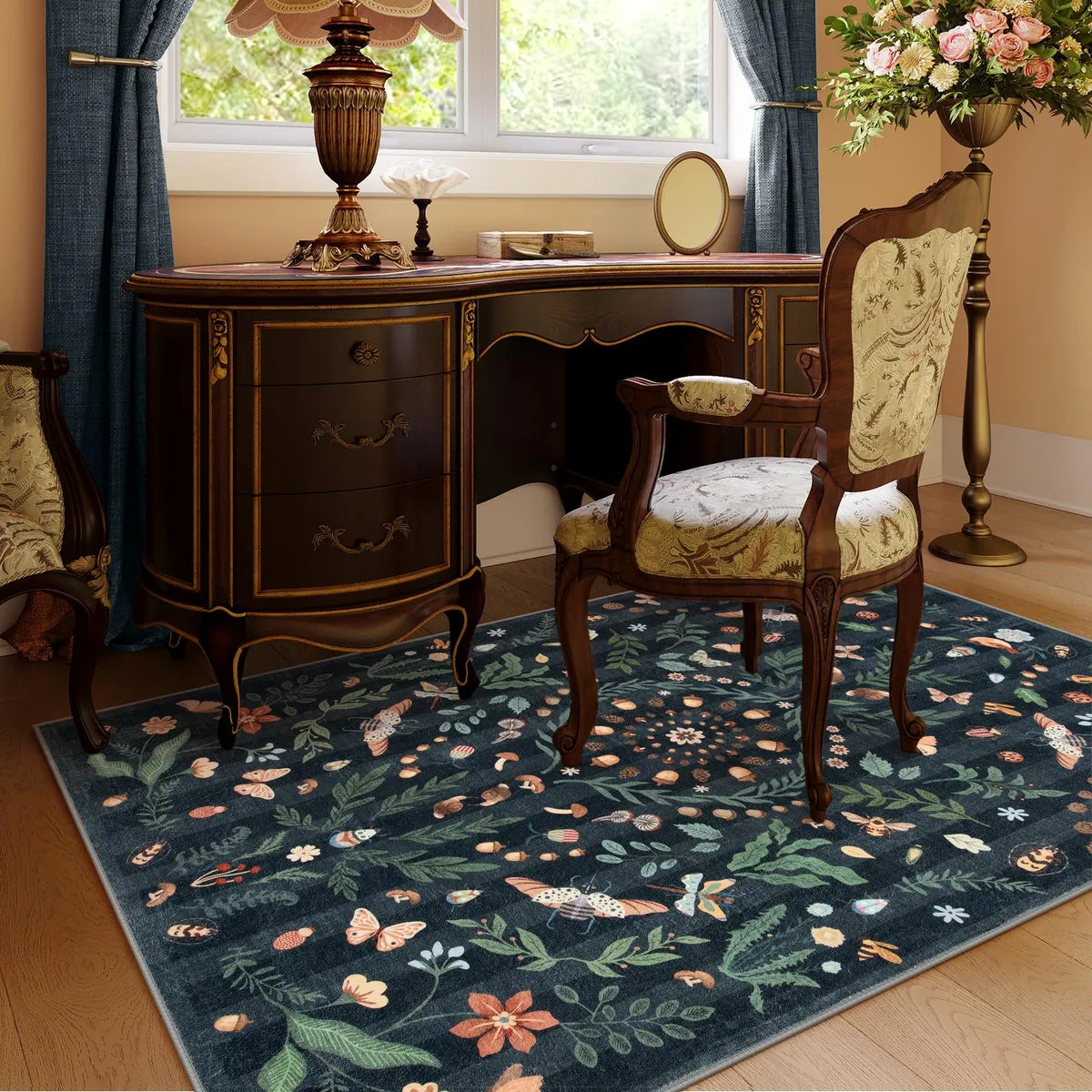 Chloe Washable Boho Insect Botanical Floral Black Runner Rug Area Rugs Lahome 3' x 5'