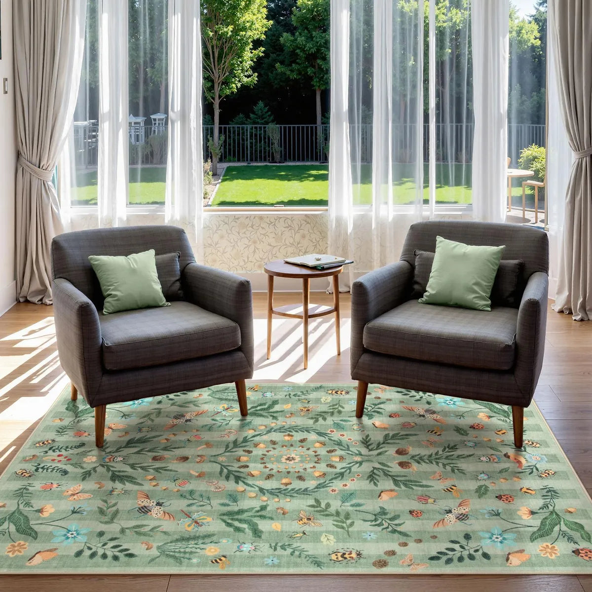 Chloe Washable Boho Insect Botanical Floral Green Runner Rug Area Rugs Lahome