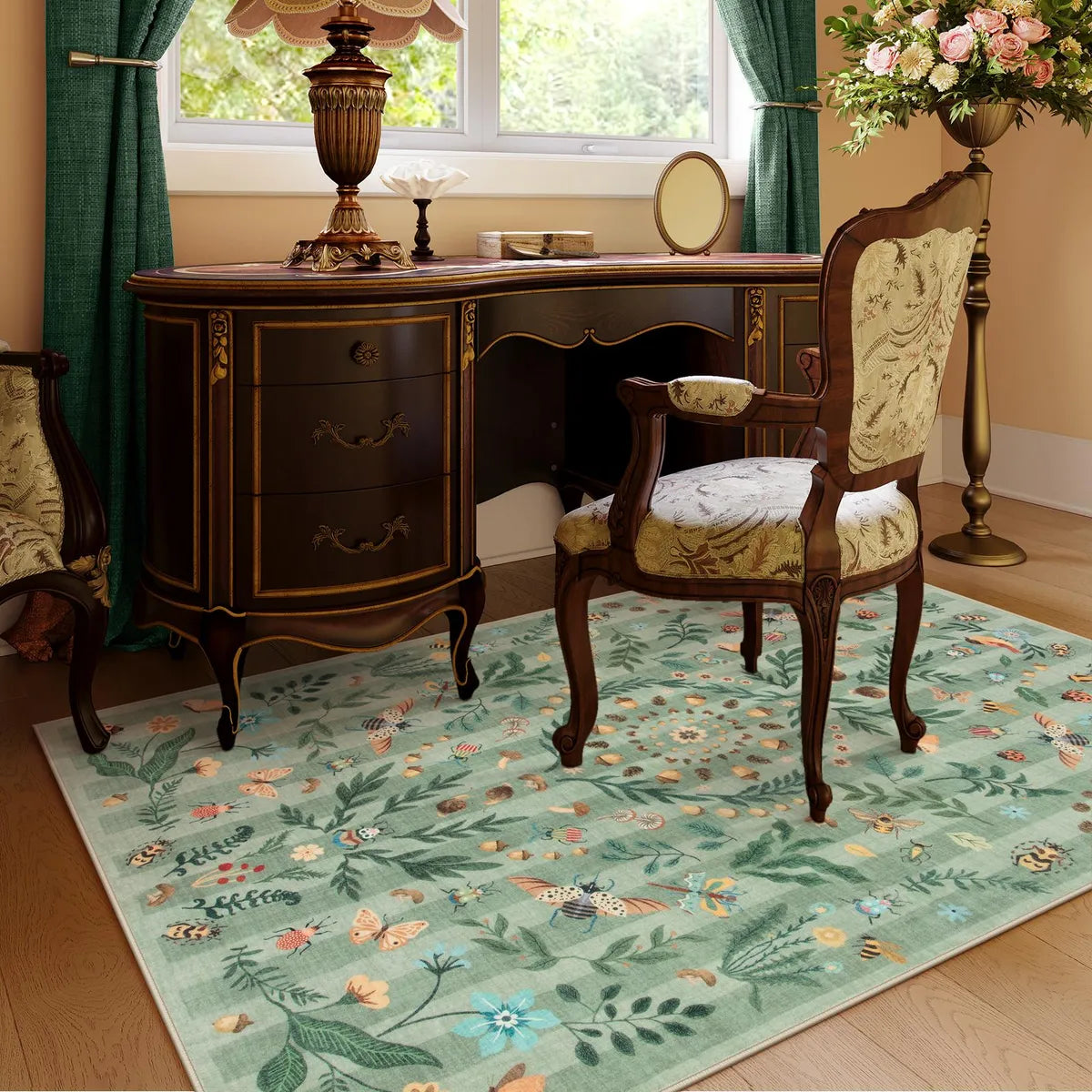 Chloe Washable Boho Insect Botanical Floral Green Runner Rug Area Rugs Lahome