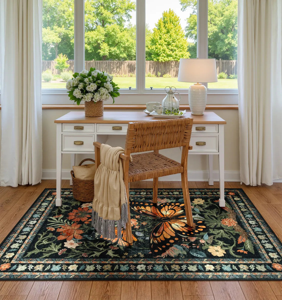 Leonie Washable Butterfly Floral Blossom Black Rug Area Rugs Lahome