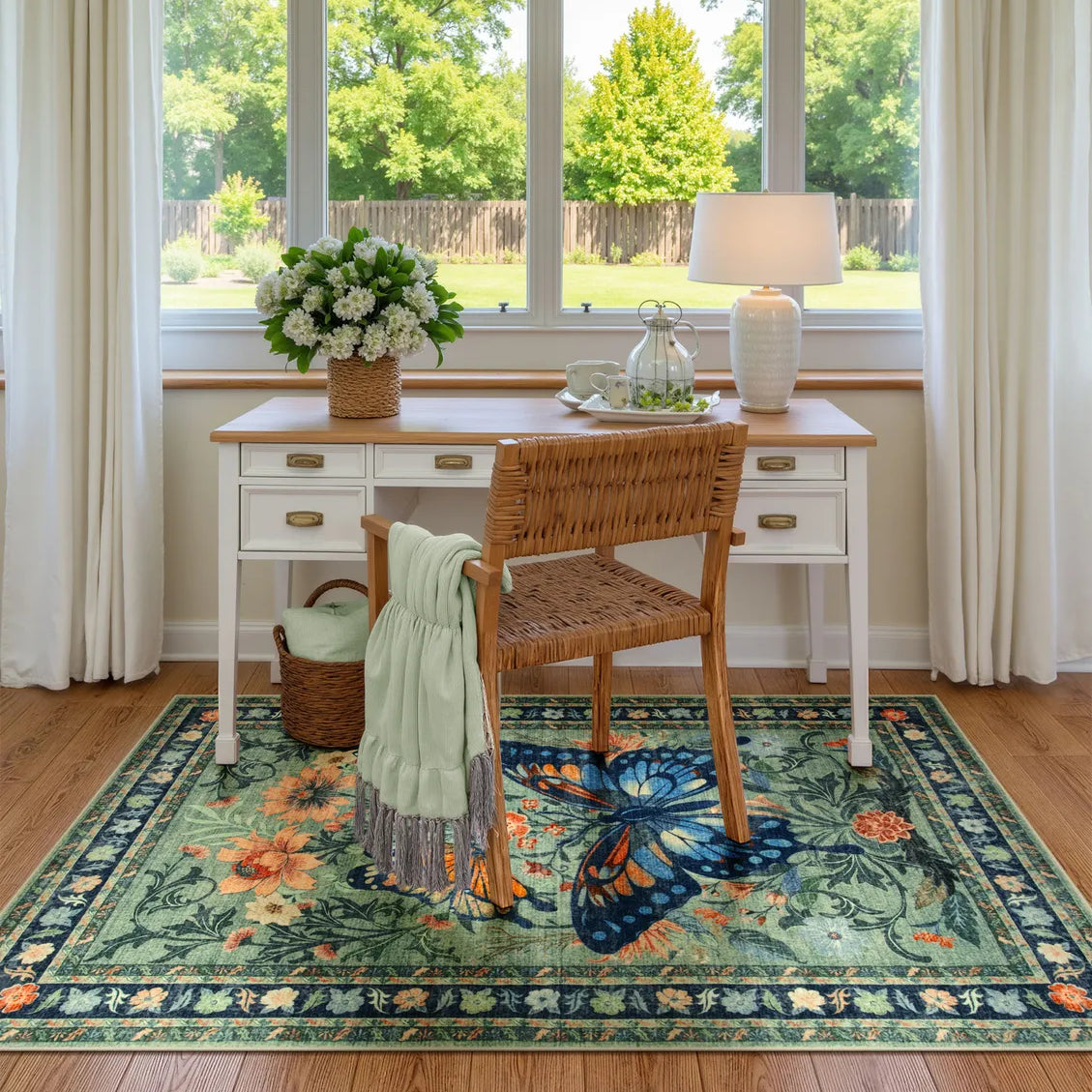 Leonie Washable Butterfly Floral Blossom Green Rug Area Rugs Lahome
