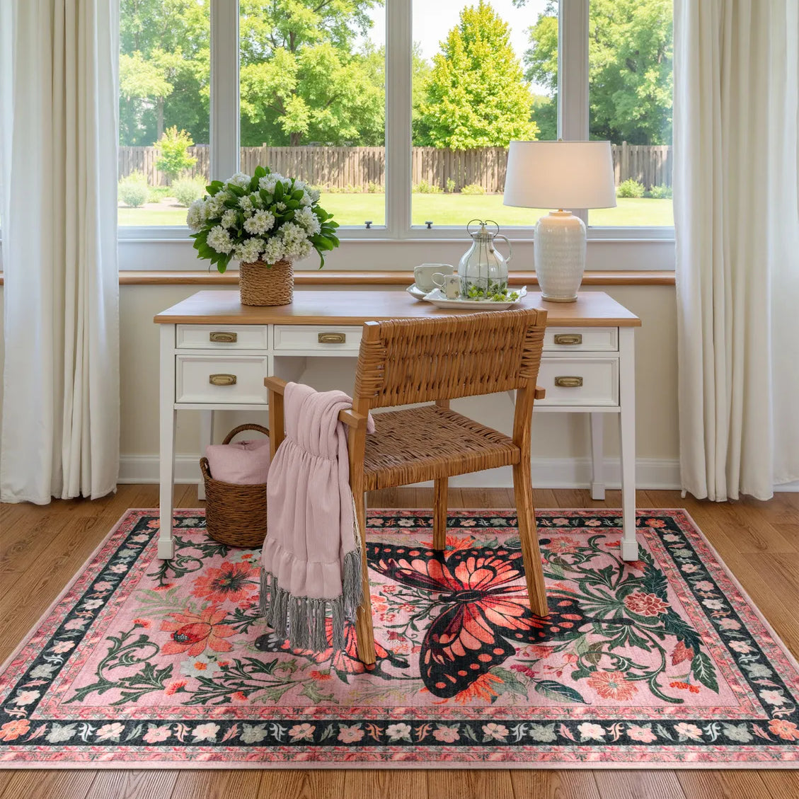 Leonie Washable Butterfly Floral Blossom Pink Rug Area Rugs Lahome