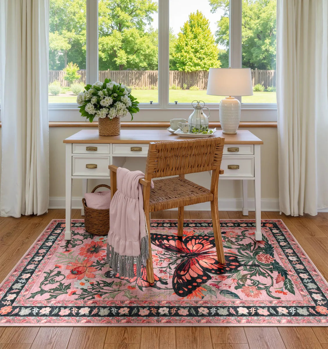 Leonie Washable Butterfly Floral Blossom Pink Rug Clearance Rugs Lahome