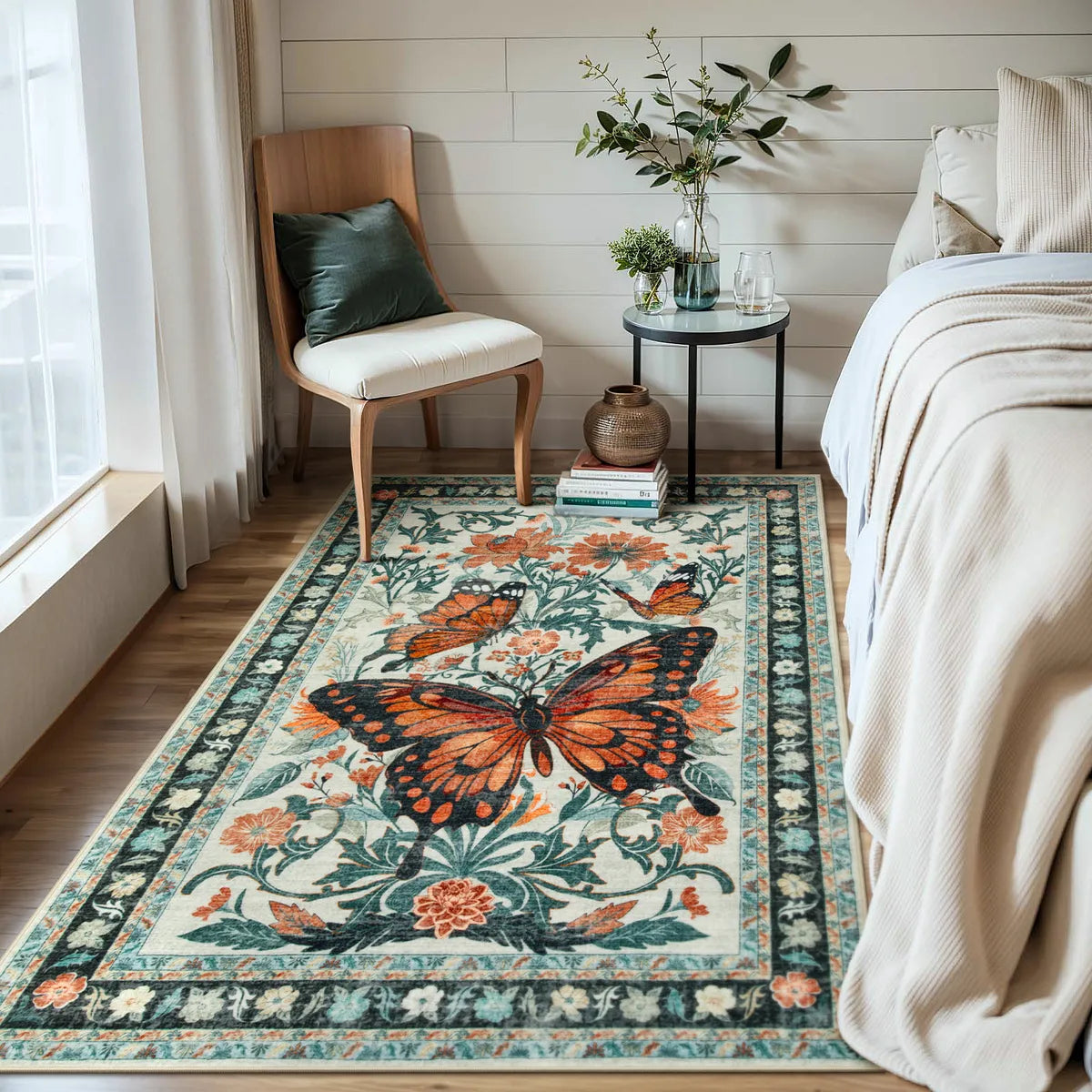 Leonie Washable Butterfly Floral Blossom Beige Runner Rug Clearance Rugs Lahome
