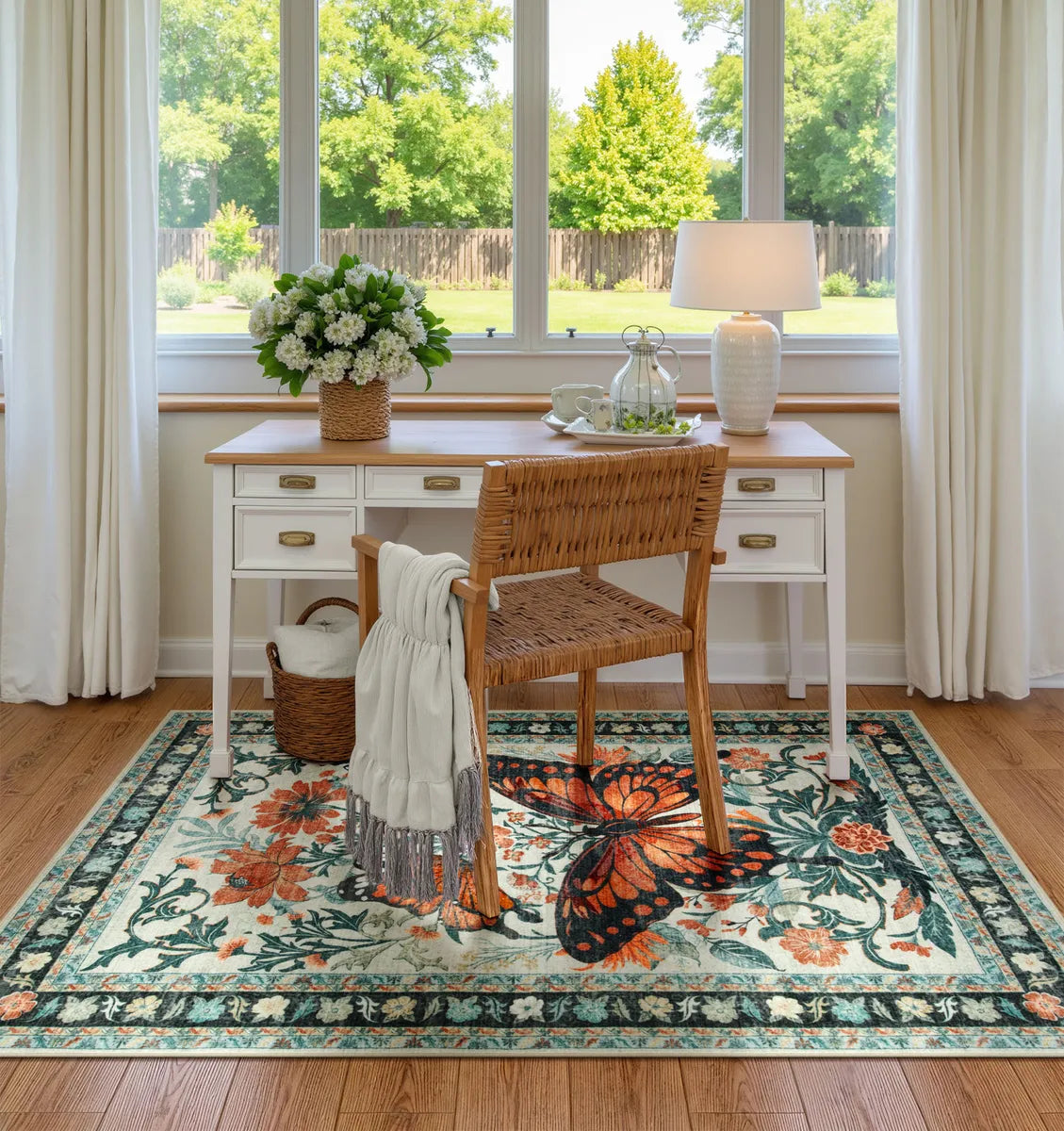 Leonie Washable Butterfly Floral Blossom Beige Runner Rug Clearance Rugs Lahome