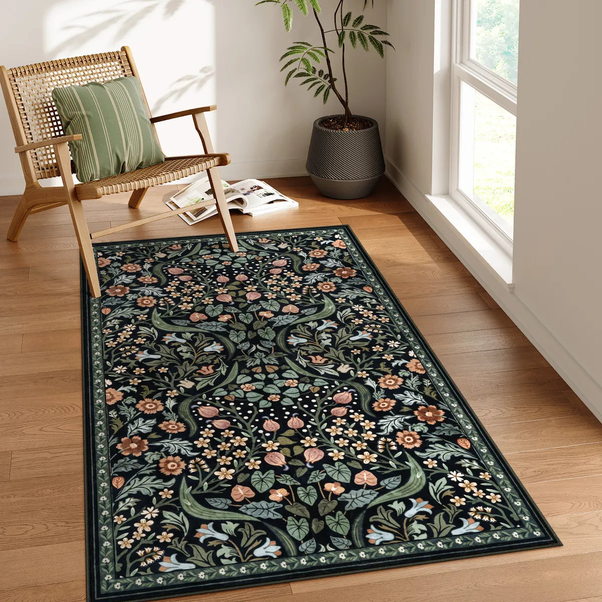 3' x 5' Lahome Washable Maximalism Vibrant Blossom Floral Black Area Rug for Living Room Decor.