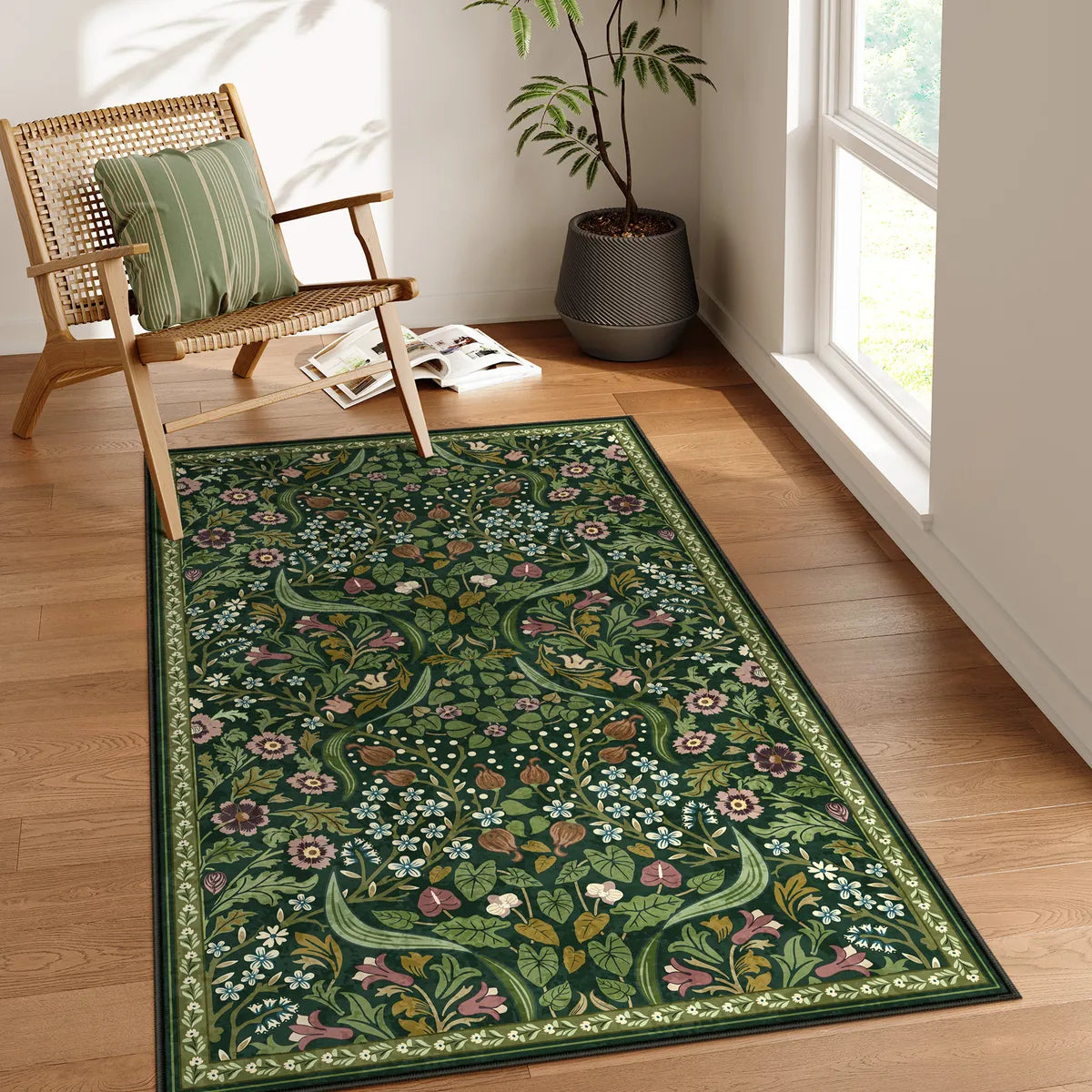 3' x 5' Lahome Washable Maximalism Vibrant Blossom Floral Dark Green Area Rug for Bedroom.