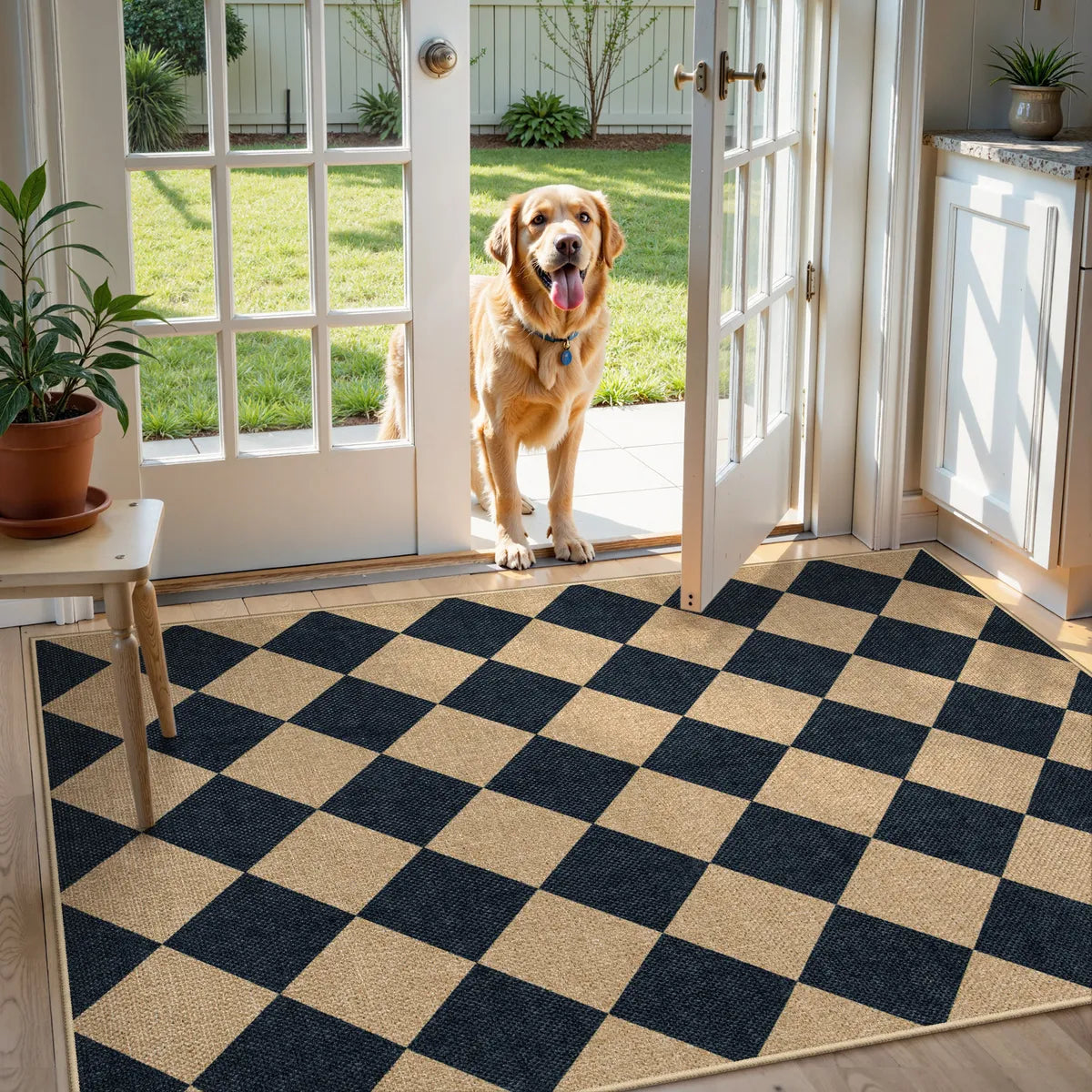Coline Washable Geometric Checkered Easy Jute Black Indoor/Outdoor Rug Easy Jute Area Rug Lahome