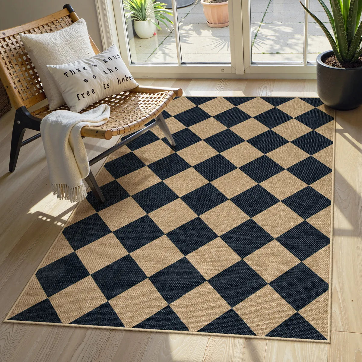 Coline Washable Geometric Checkered Easy Jute Black Indoor/Outdoor Rug Easy Jute Area Rug Lahome