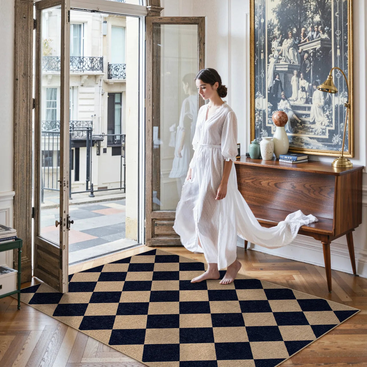 Coline Washable Geometric Checkered Easy Jute Dark Brown Indoor/Outdoor Rug Easy Jute Area Rug Lahome