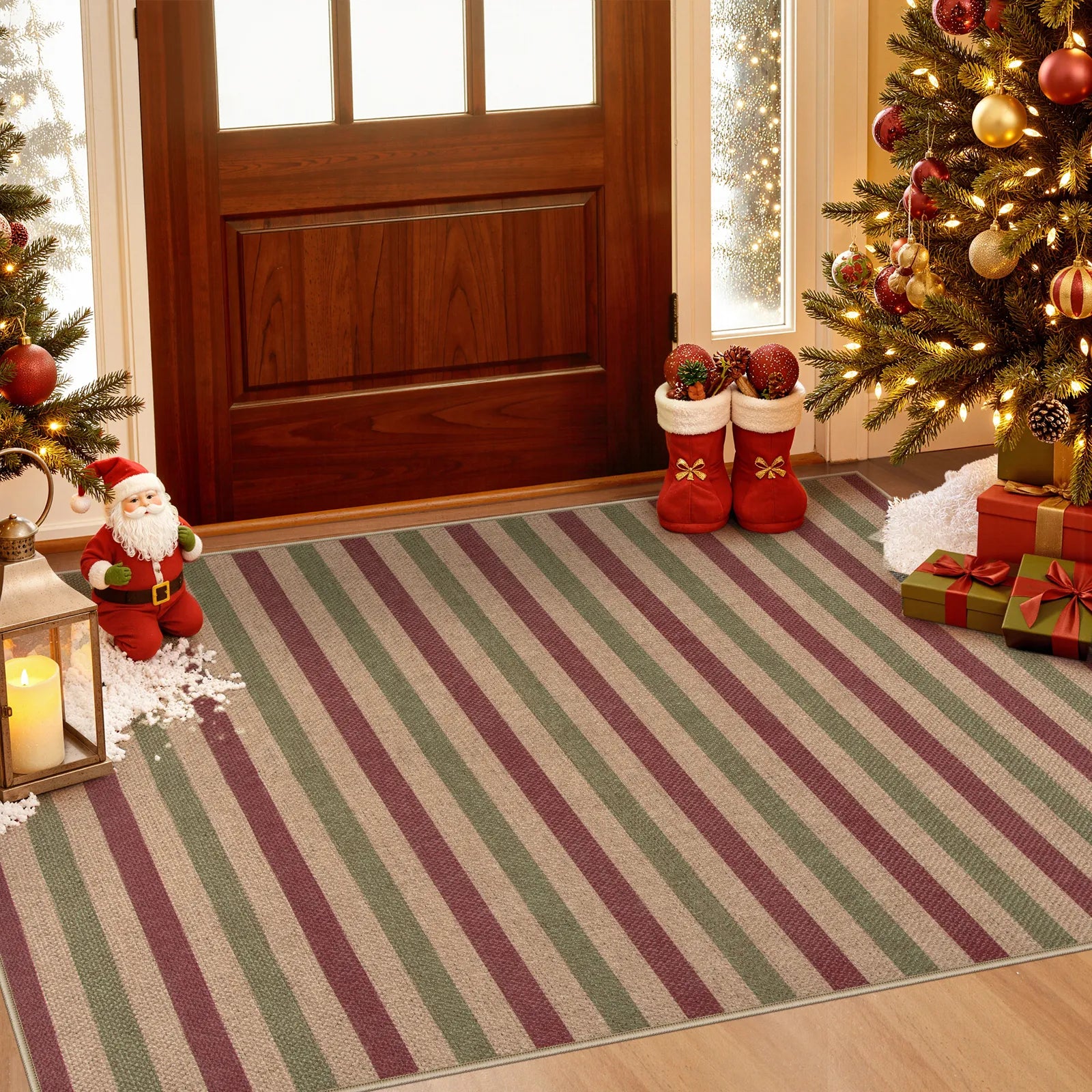 Elance Christmas Washable Easy Jute Slim Striped Red&Green Rug Easy Jute Rug Lahome