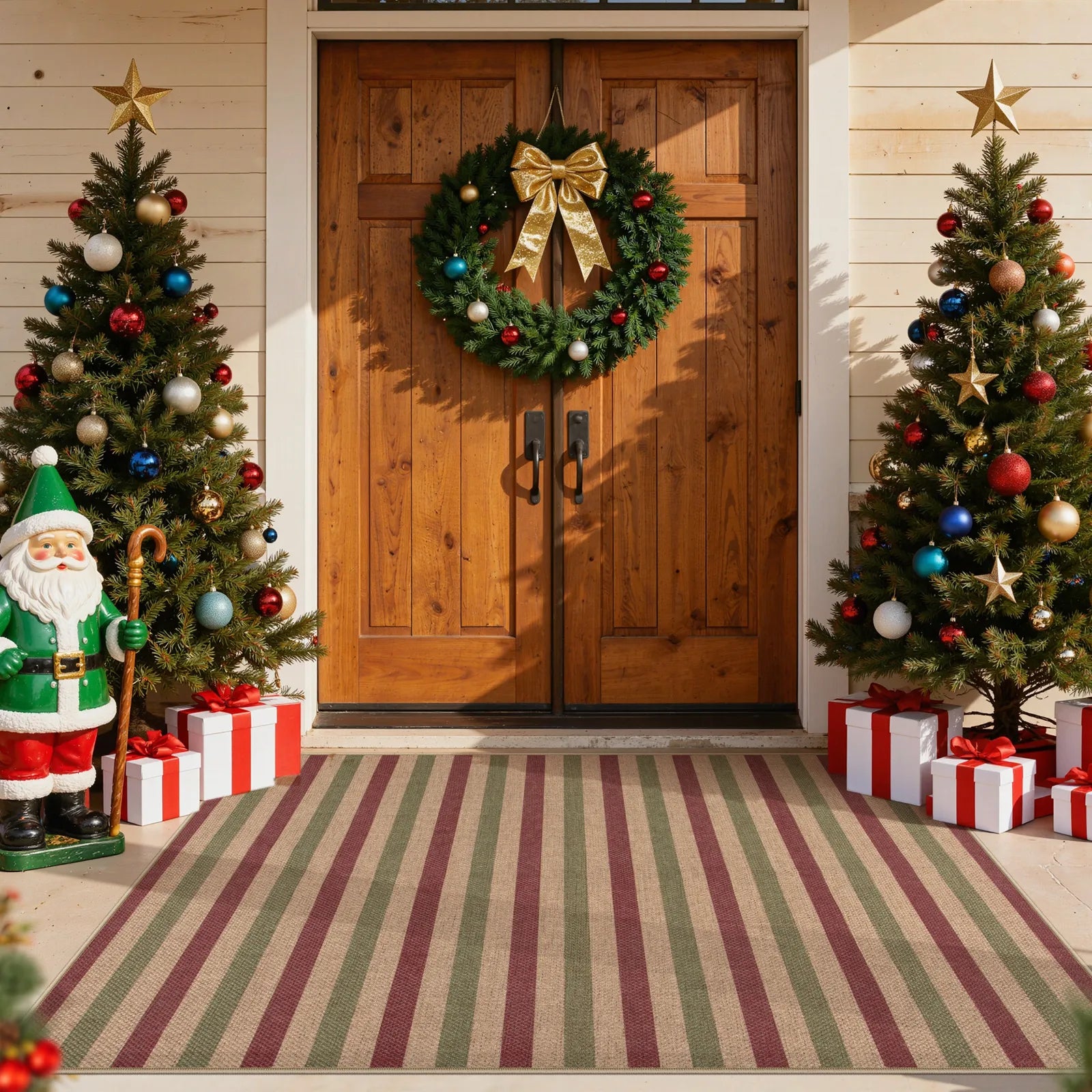 Xmas Elance Christmas Washable Easy Jute Slim Striped Red&Green Rug Easy Jute Rug Lahome