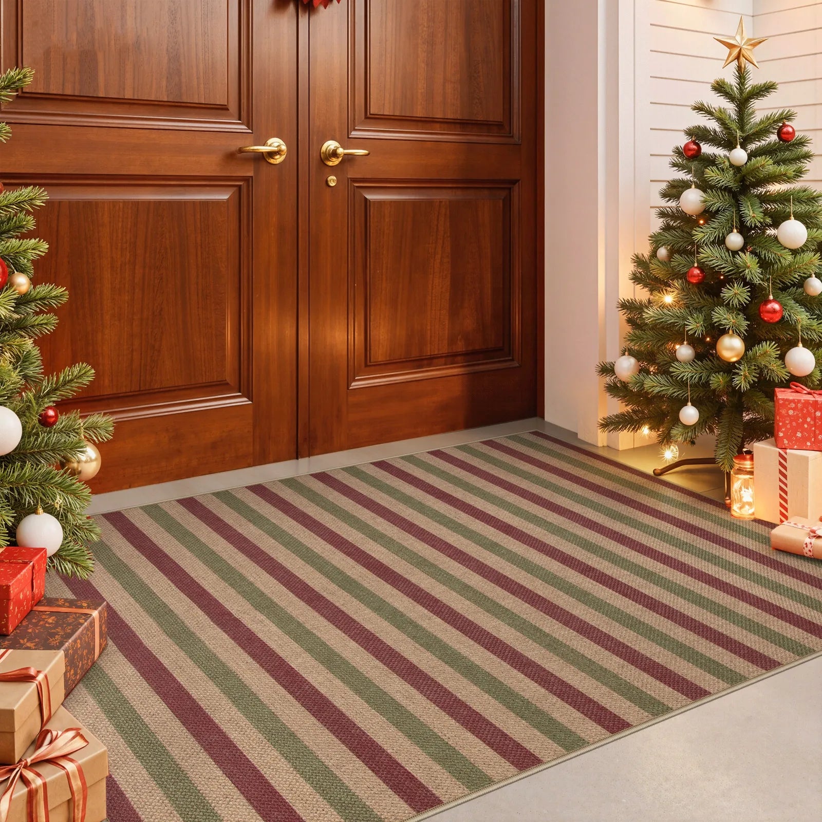 Xmas Elance Christmas Washable Easy Jute Slim Striped Red&Green Rug Easy Jute Rug Lahome
