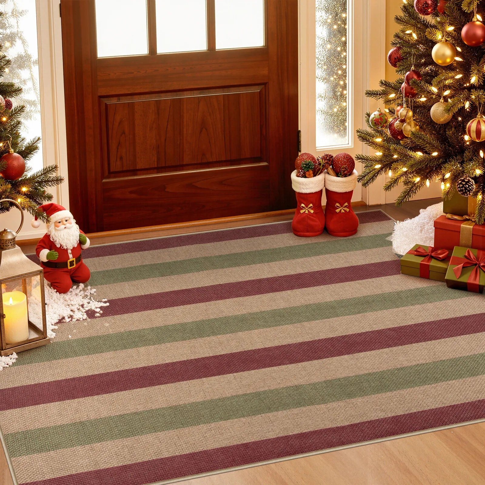 Elance Christmas Washable Easy Jute Wide Striped Red&Green Rug Easy Jute Rug Lahome